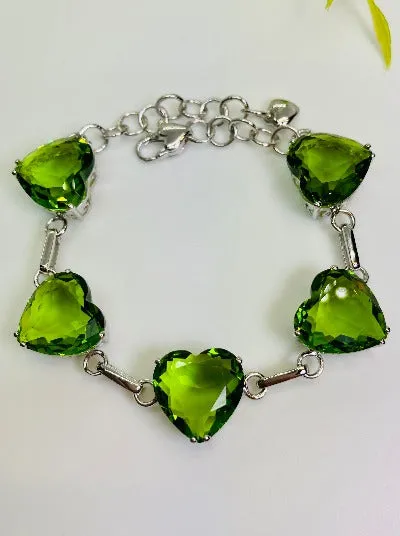 Green Peridot Bracelet, Heart Gems, Victorian Reproduction Jewelry #B38