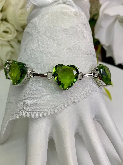 Green Peridot Bracelet, Heart Gems, Victorian Reproduction Jewelry #B38