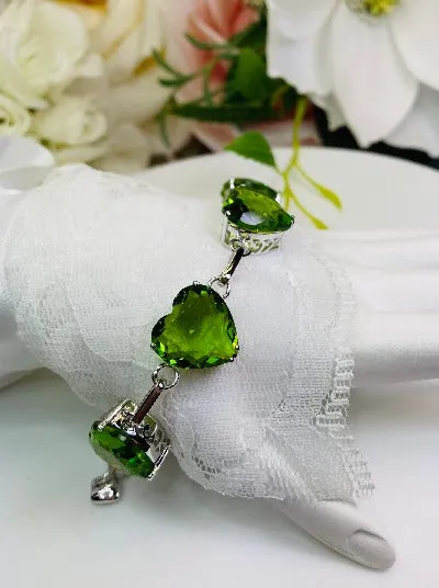 Green Peridot Bracelet, Heart Gems, Victorian Reproduction Jewelry #B38