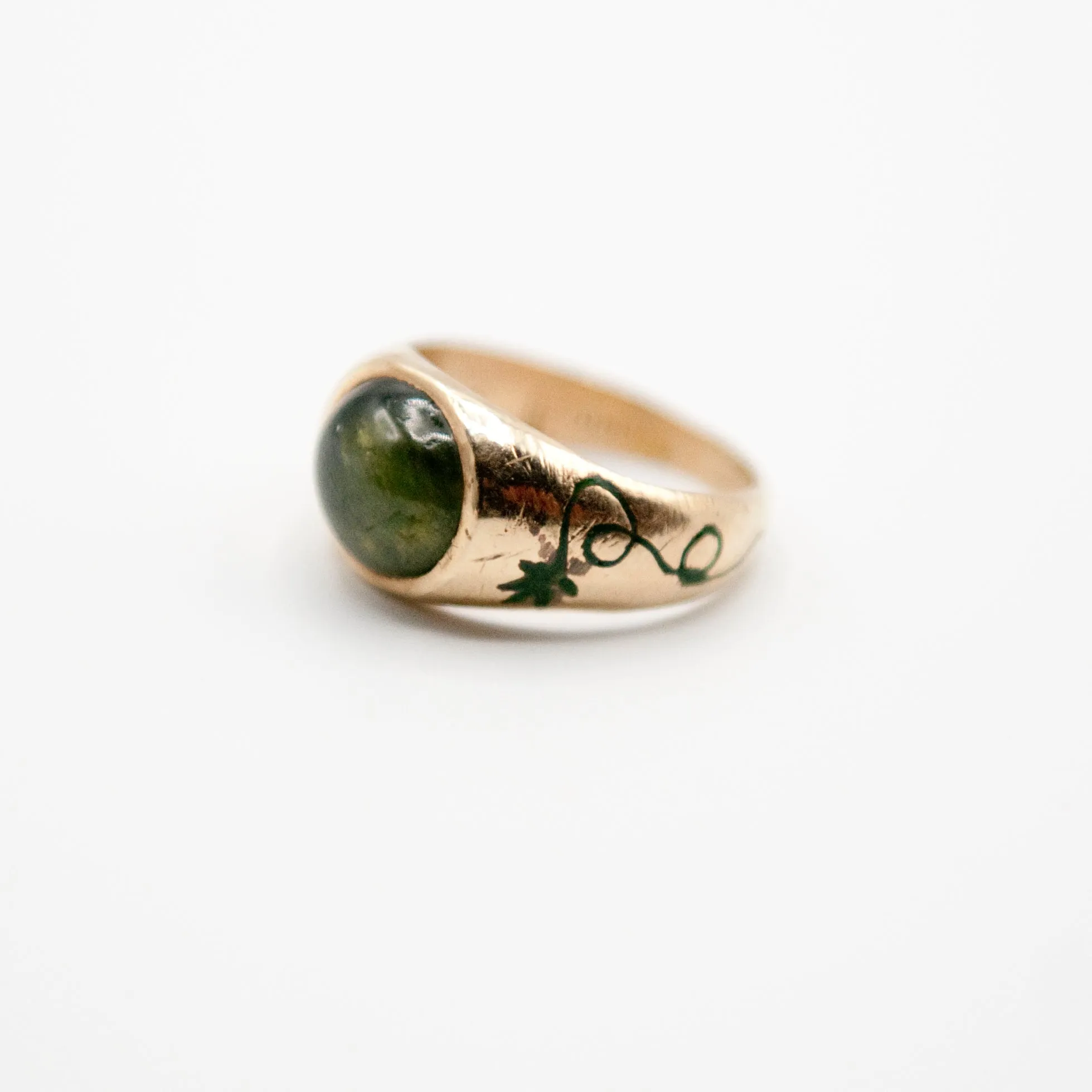 Green Sapphire and Oak Vine Signet Ring
