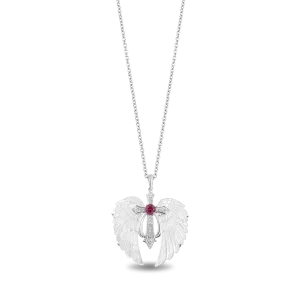 Hallmark Fine Jewelry Guiding Spirit Ornate Cross Pendant in Carved Mother of Pearl and Sterling Silver with Diamonds and Created Ruby