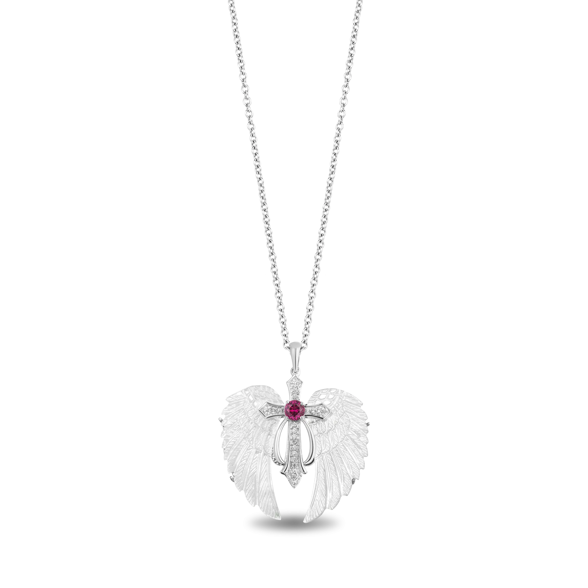 Hallmark Fine Jewelry Guiding Spirit Ornate Cross Pendant in Carved Mother of Pearl and Sterling Silver with Diamonds and Created Ruby