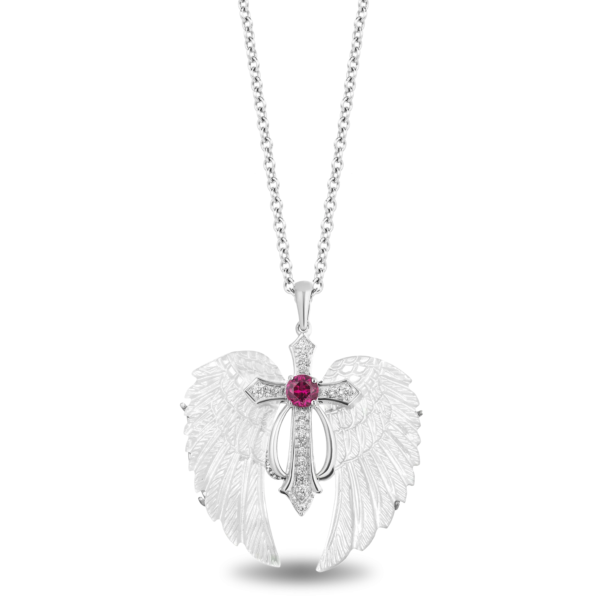Hallmark Fine Jewelry Guiding Spirit Ornate Cross Pendant in Carved Mother of Pearl and Sterling Silver with Diamonds and Created Ruby