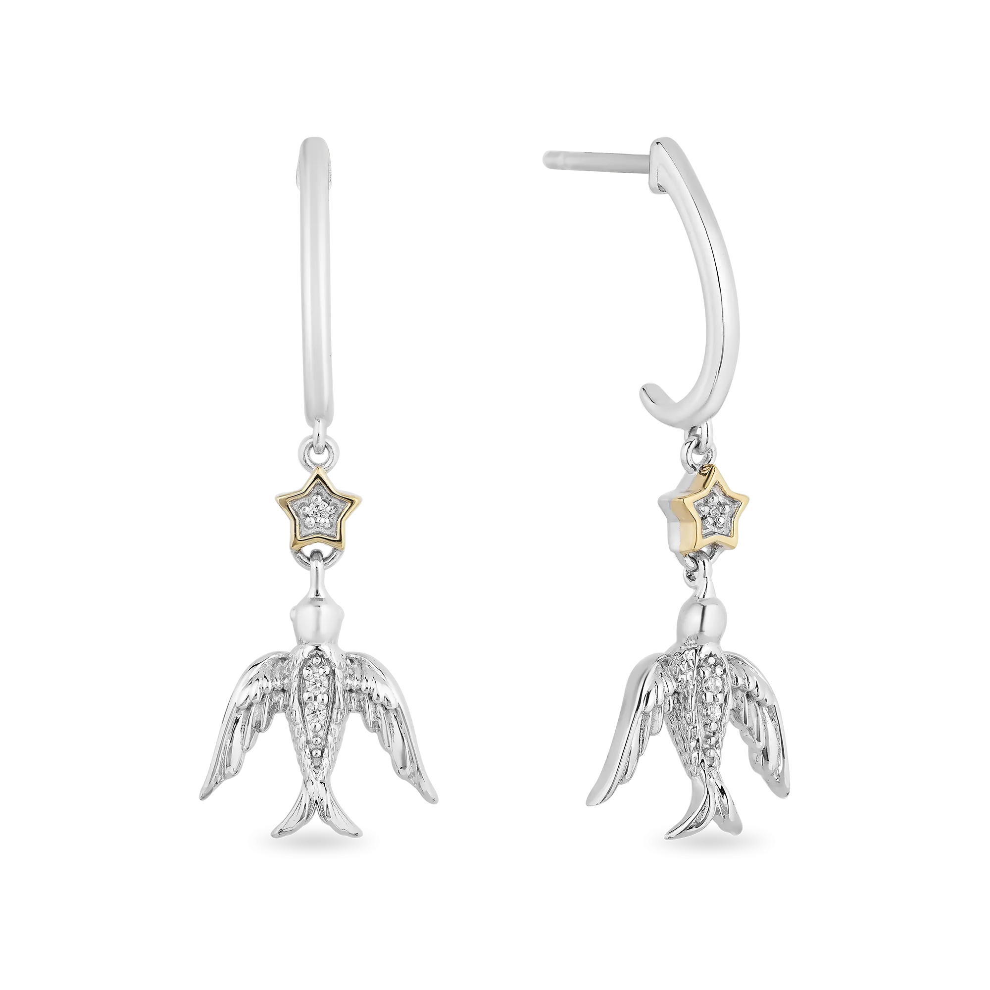 Hallmark Fine Jewelry Star Flight Earrings in Sterling Silver & 14K Yellow Gold with Diamonds