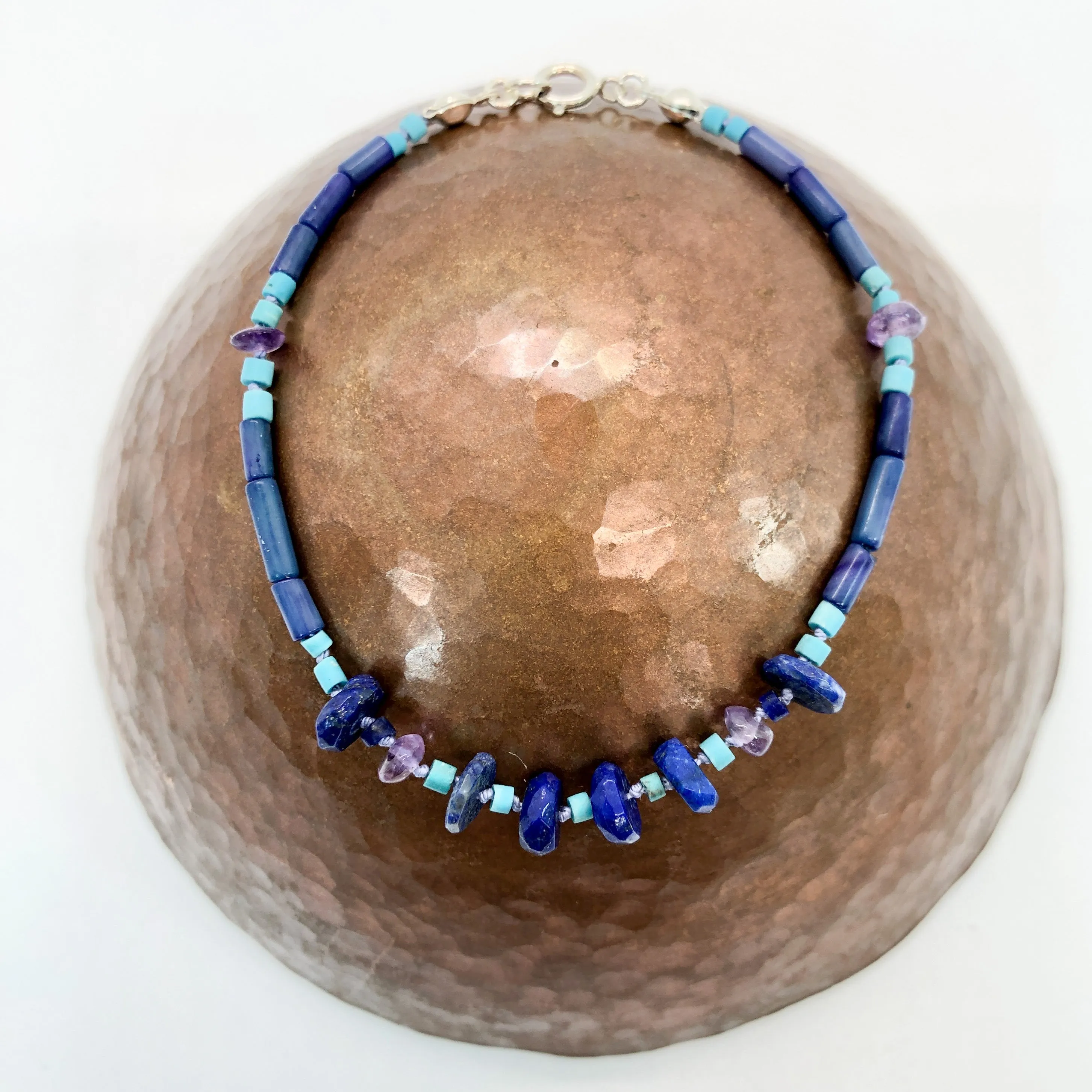 Hand Knotted Lapis, Amethyst and Turquoise Bead Bracelet