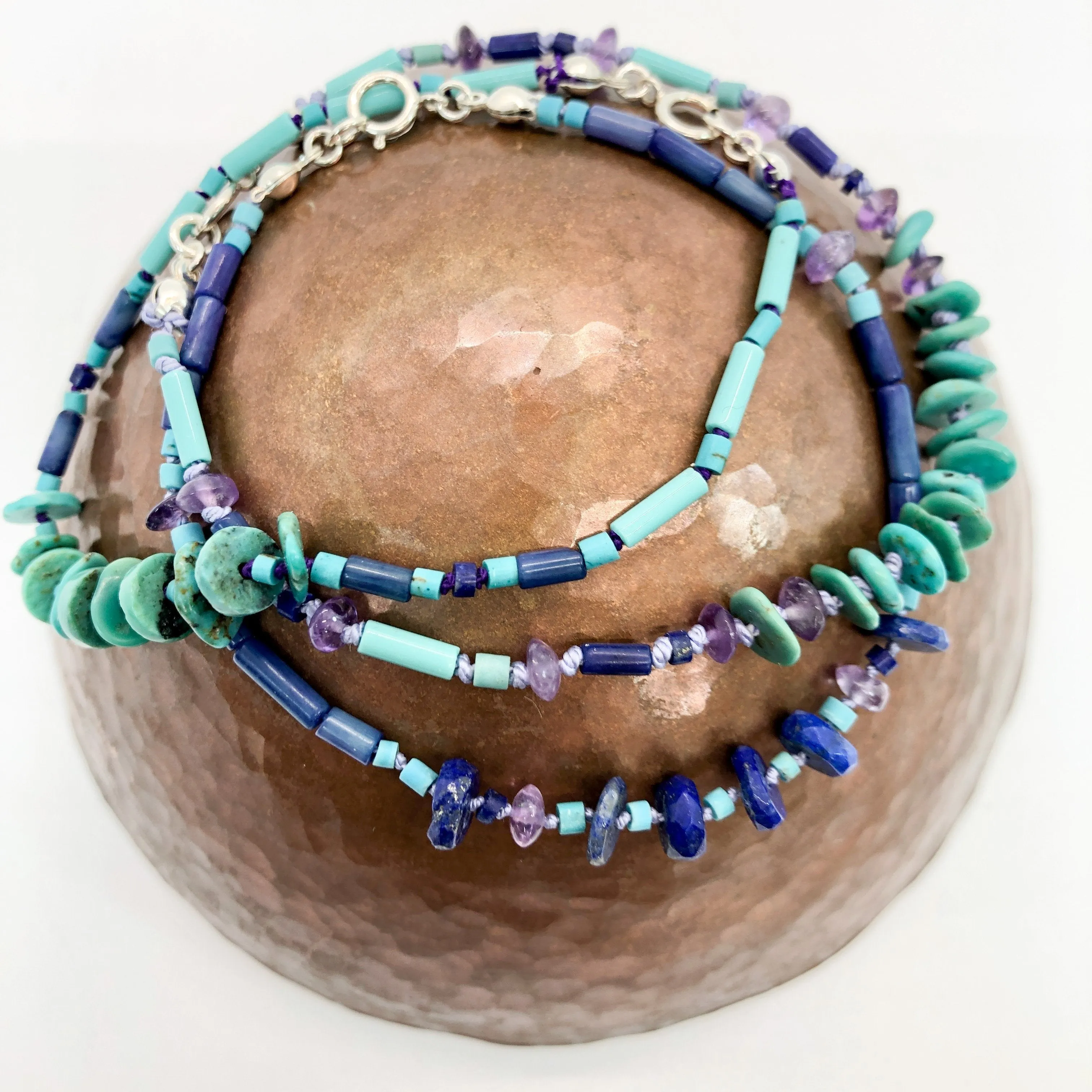 Hand Knotted Lapis, Amethyst and Turquoise Bead Bracelet