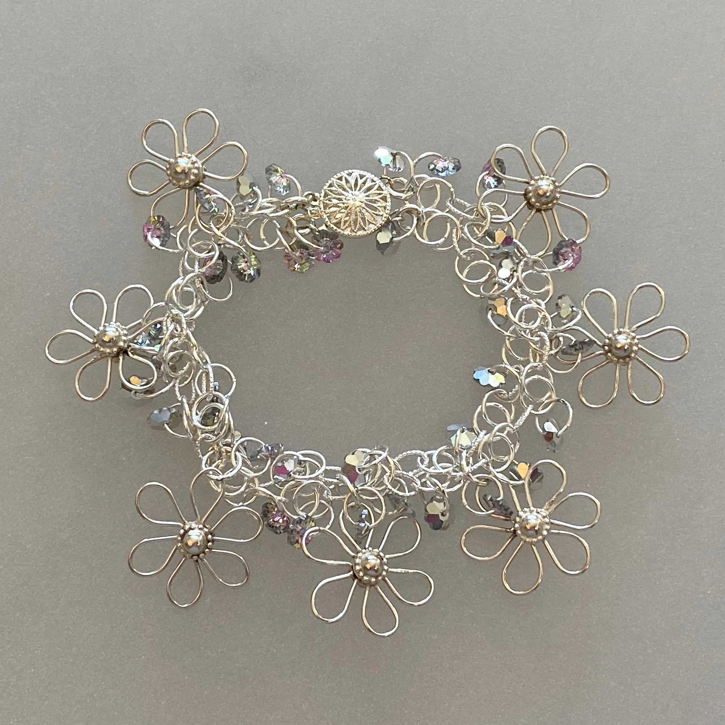 Handmade Flower Bracelet in Sterling Silver with Swarovski Crystal