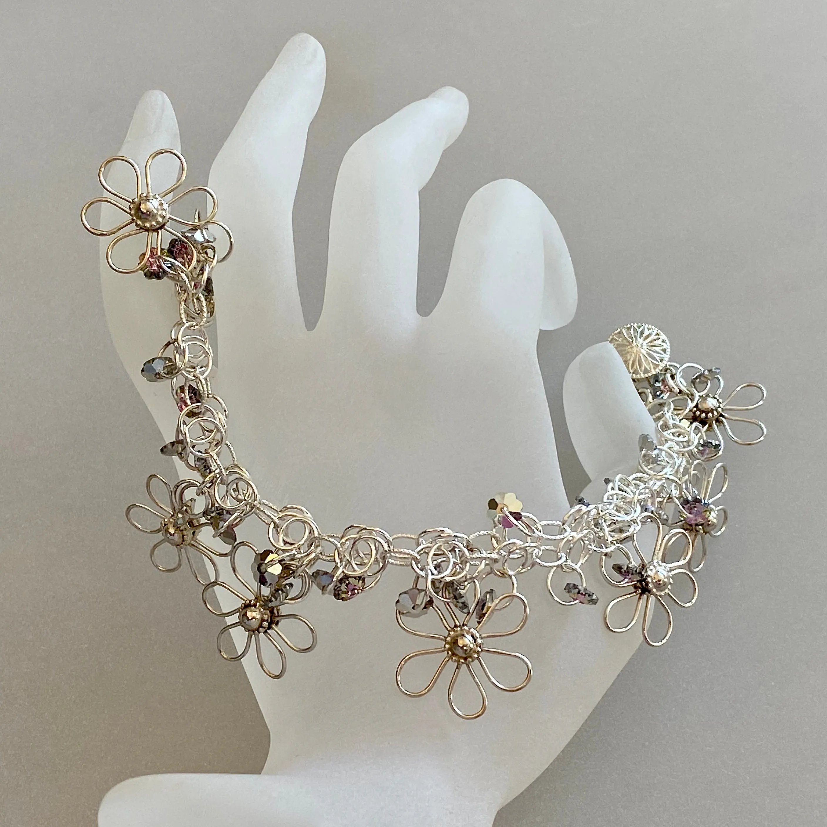 Handmade Flower Bracelet in Sterling Silver with Swarovski Crystal