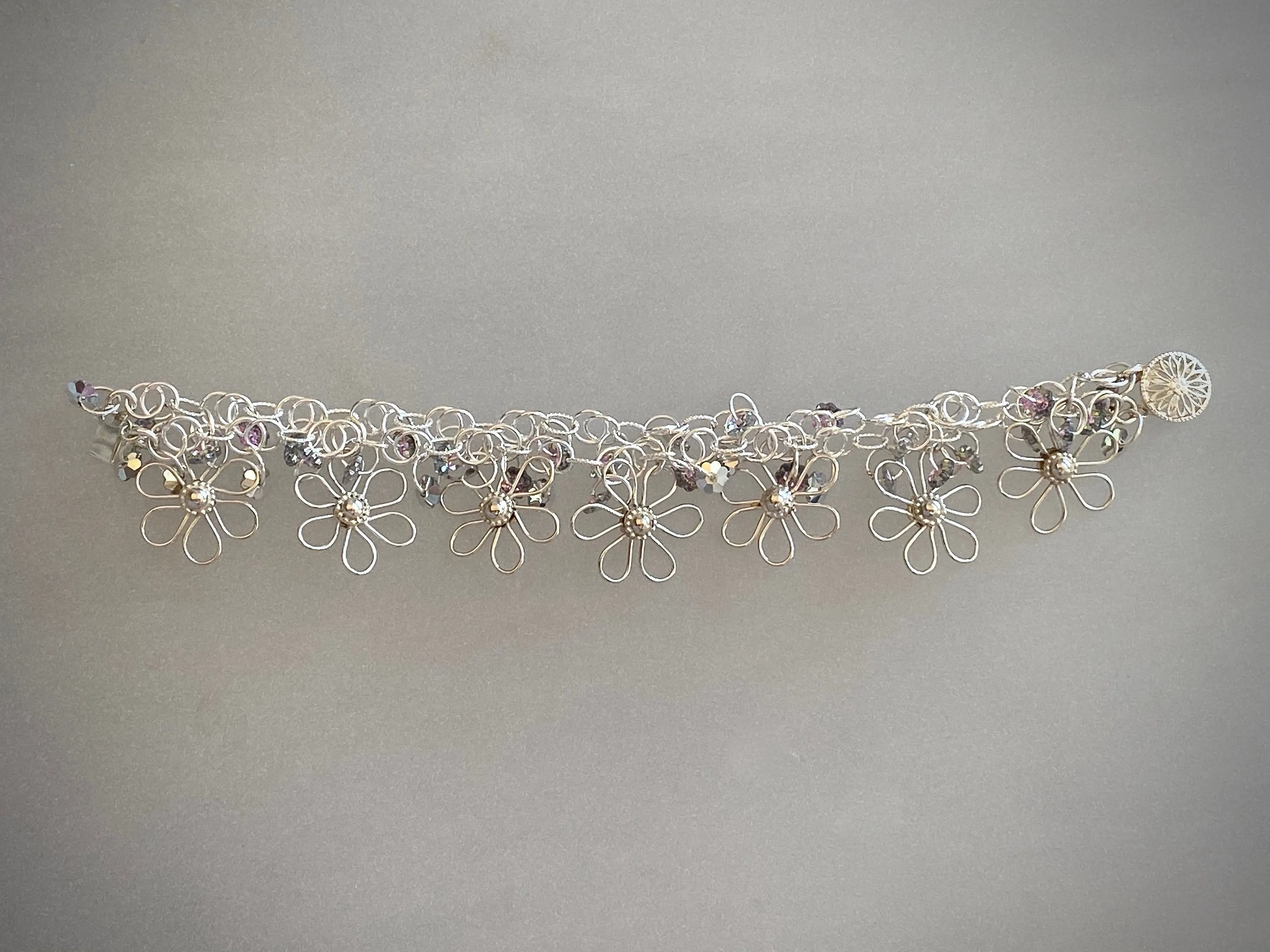 Handmade Flower Bracelet in Sterling Silver with Swarovski Crystal