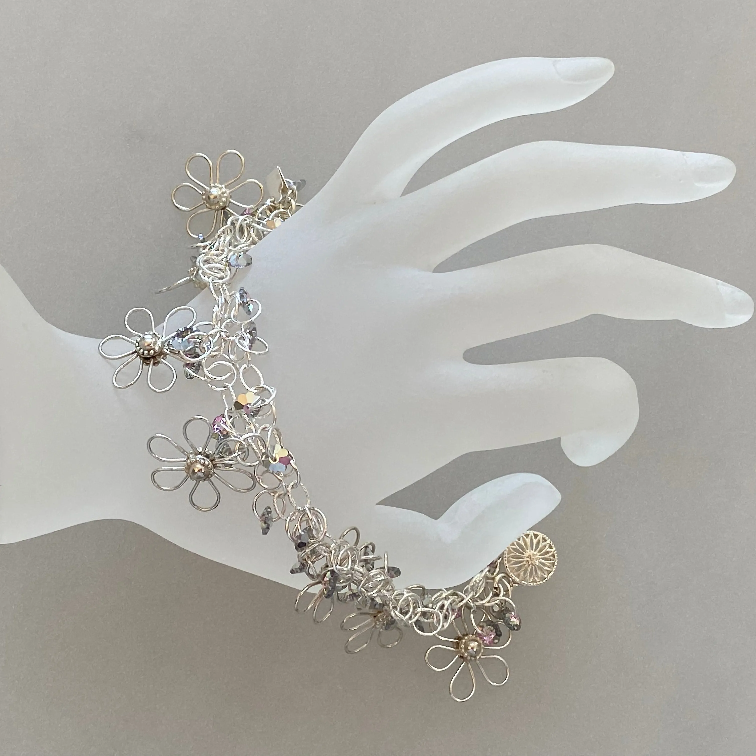 Handmade Flower Bracelet in Sterling Silver with Swarovski Crystal