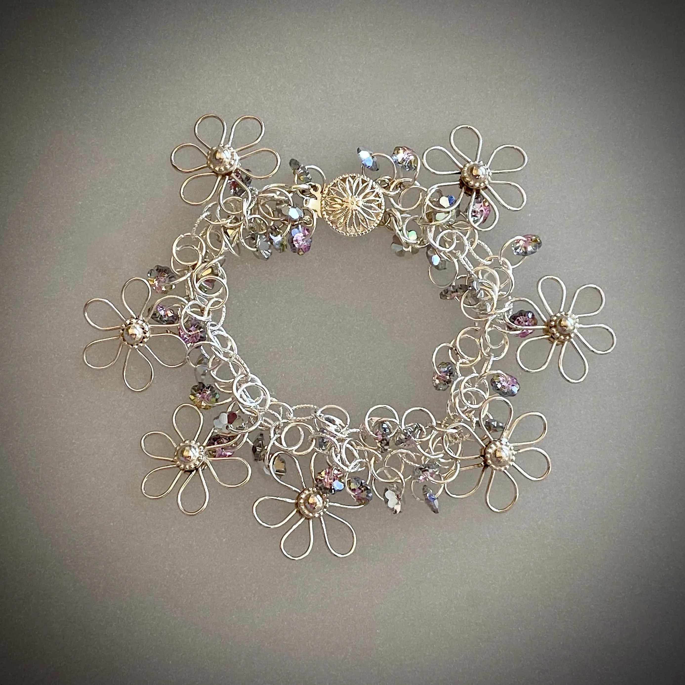 Handmade Flower Bracelet in Sterling Silver with Swarovski Crystal