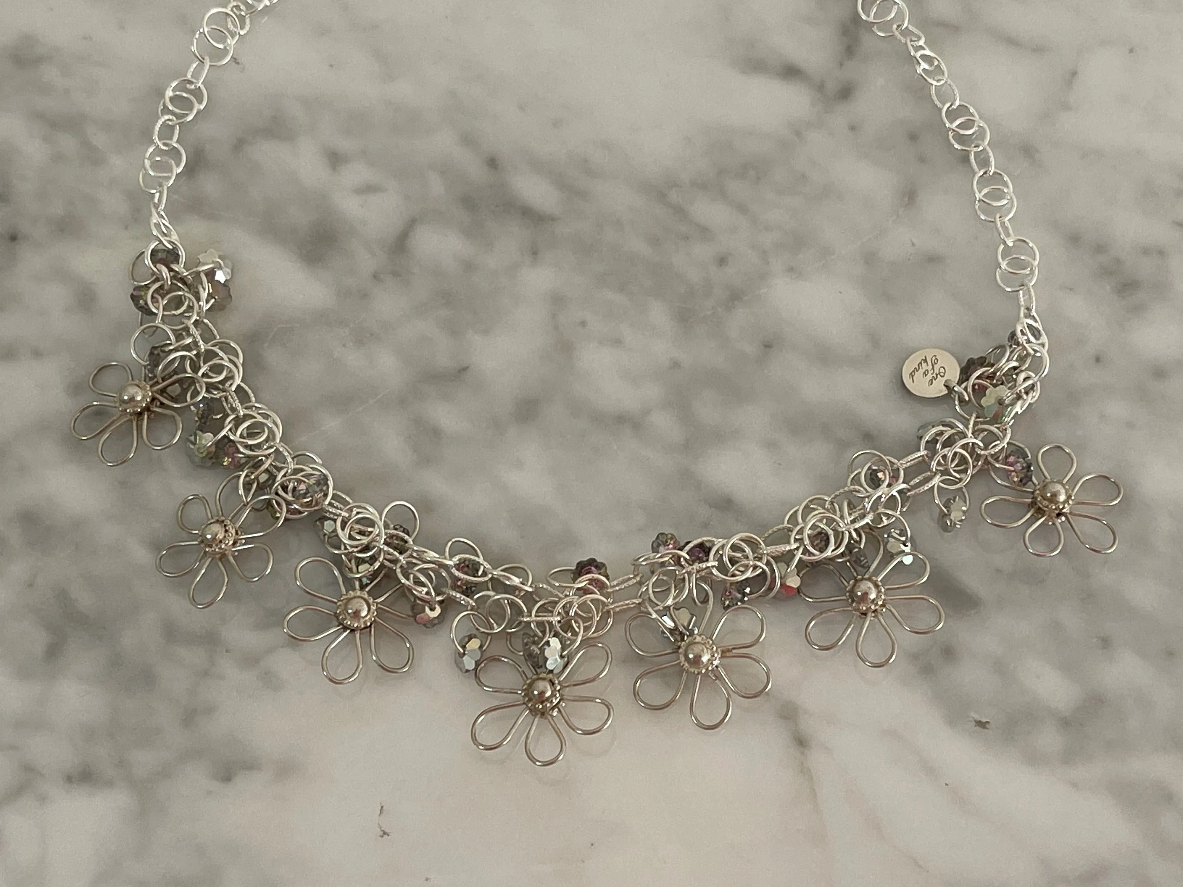 Handmade Flower Necklace in Sterling Silver with Swarovski Crystal