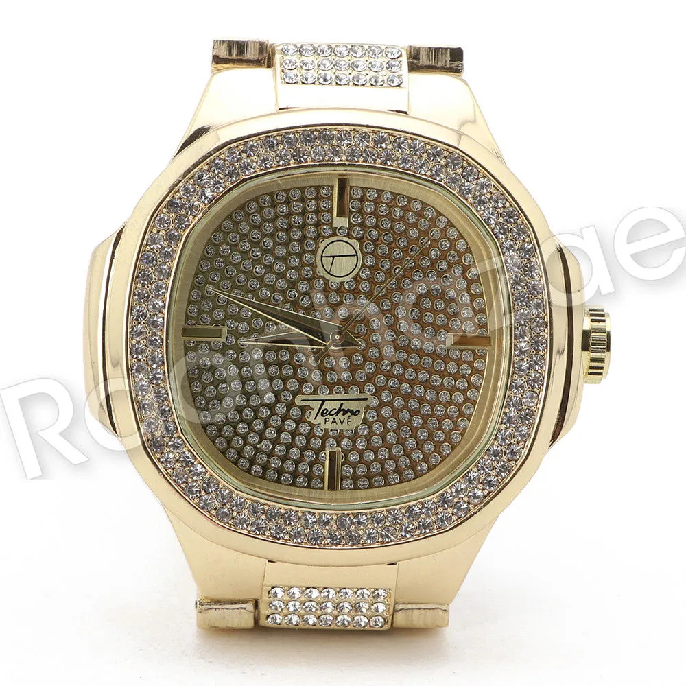 Hip Hop 14K Gold PT Luxury Bling Gold Watch Sandblast Bracelet Set F34G