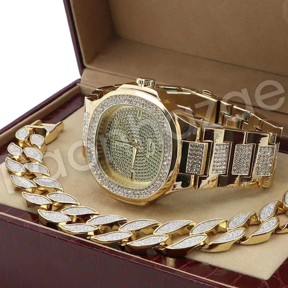 Hip Hop 14K Gold PT Luxury Bling Gold Watch Sandblast Bracelet Set F34G
