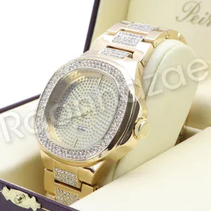 Hip Hop 14K Gold PT Luxury Bling Gold Watch Sandblast Bracelet Set F34G