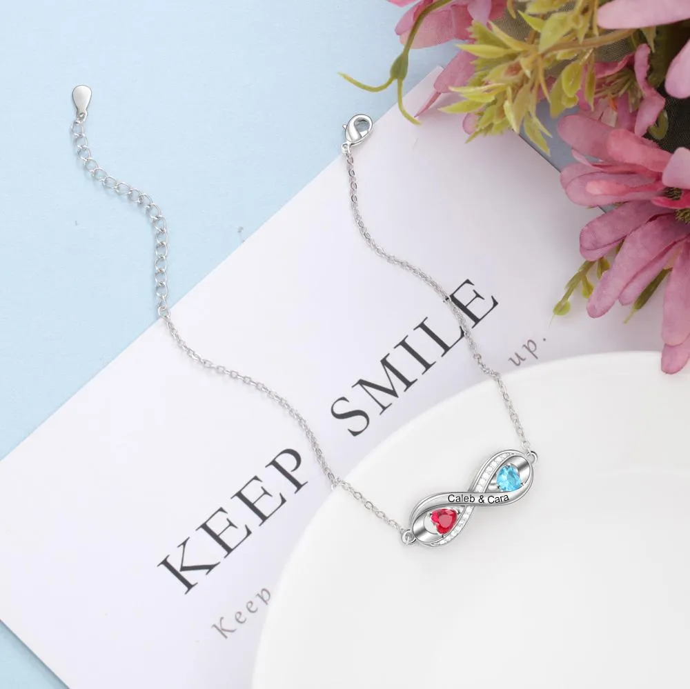 Infinity Diamond Sterling Silver Bracelet - 2 Custom Names & Birthstones