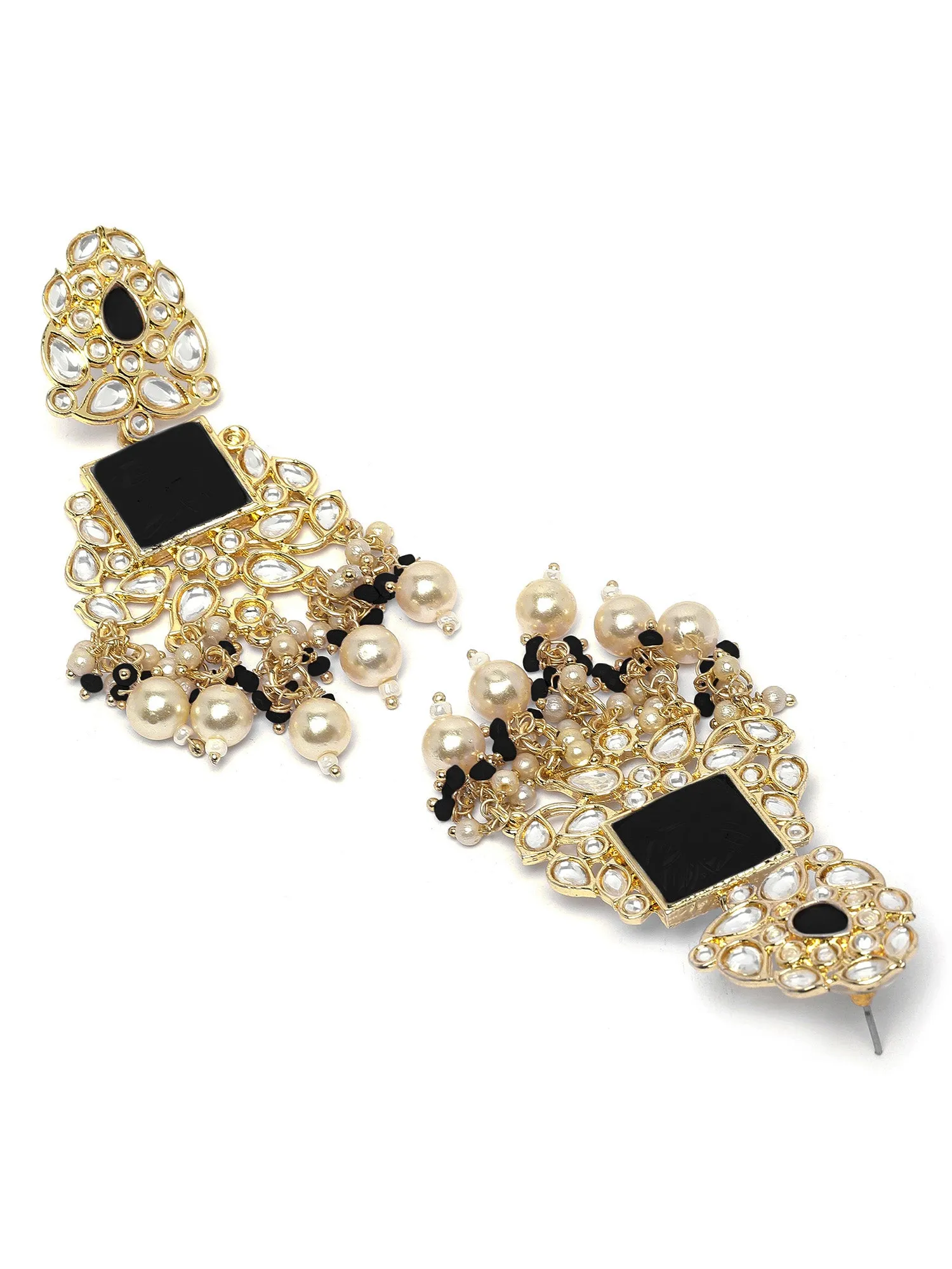 Karatcart Gold Plated Black Carved Stone Kundan Drop Earrings for Women