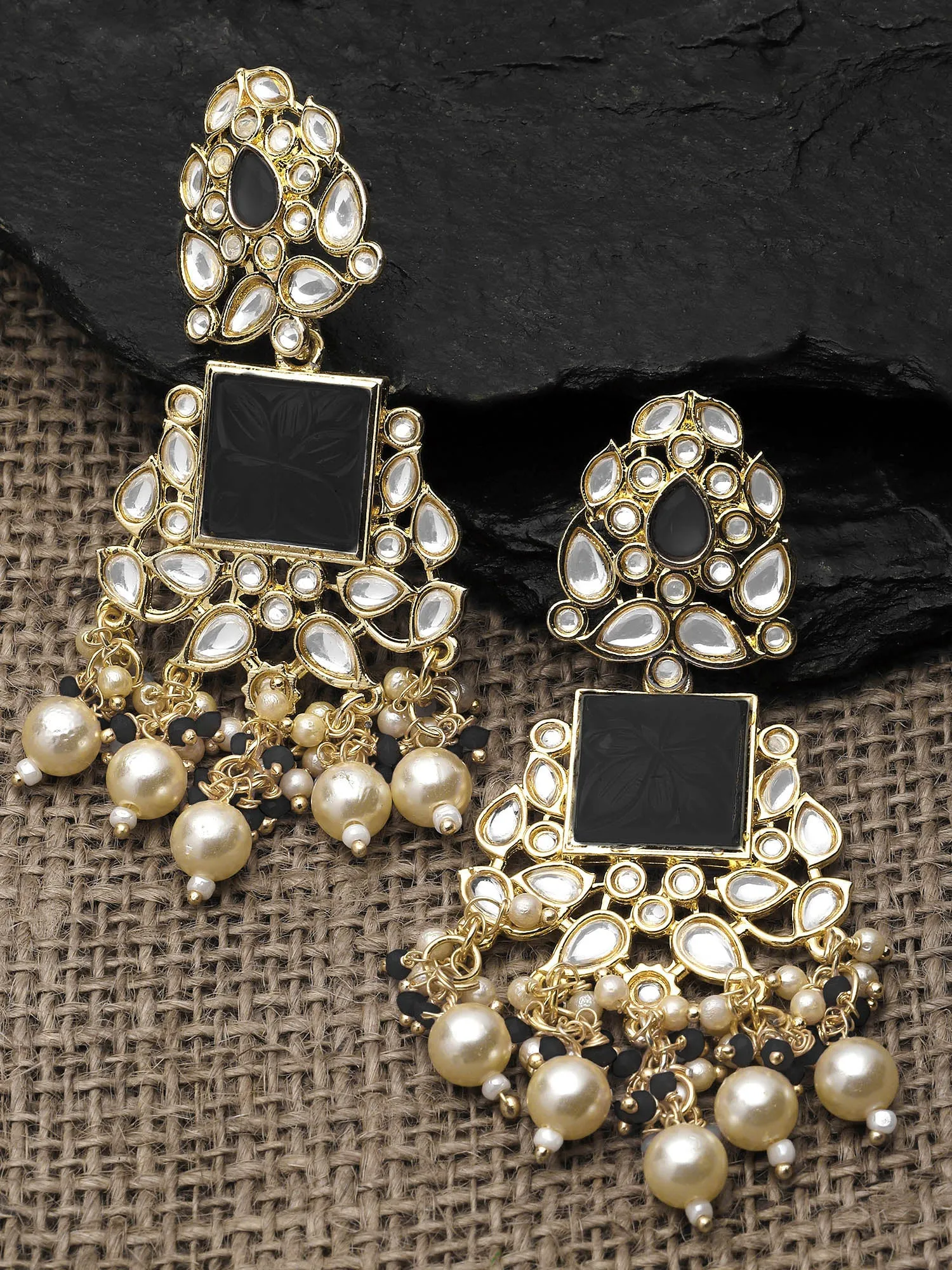 Karatcart Gold Plated Black Carved Stone Kundan Drop Earrings for Women