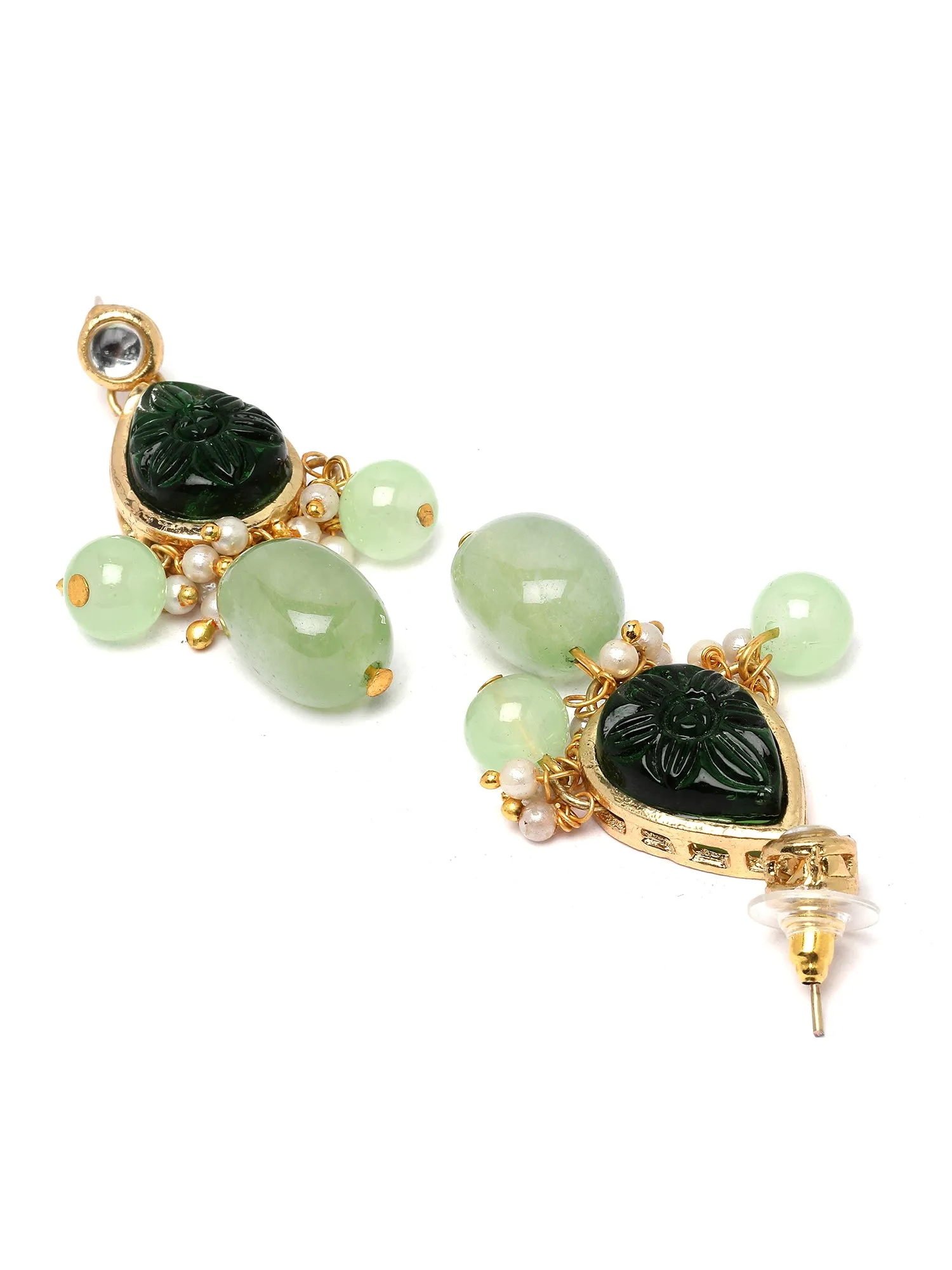 Karatcart Green Carved Stone Studded Pearl Beaded Kundan Choker Necklace Set for Women