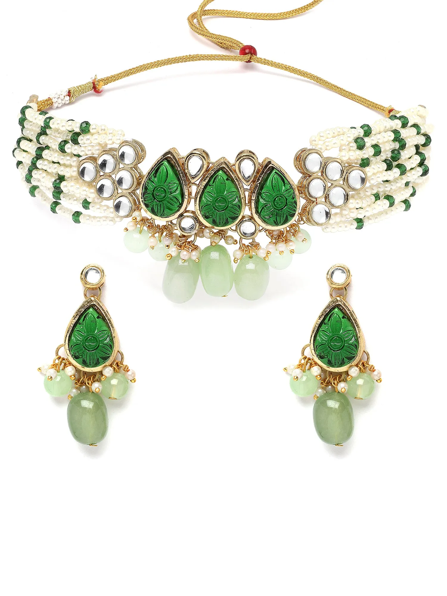 Karatcart Green Carved Stone Studded Pearl Beaded Kundan Choker Necklace Set for Women