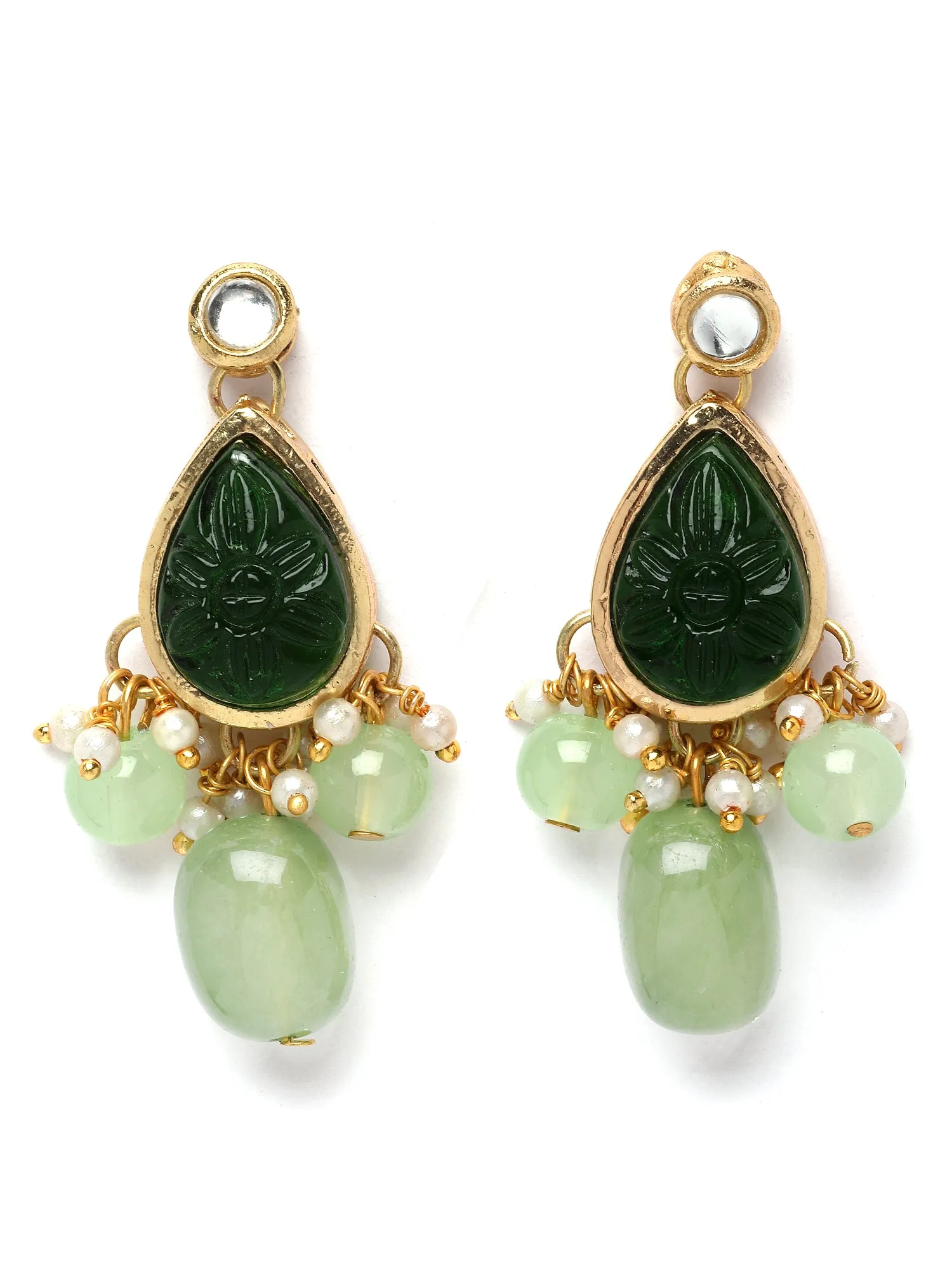 Karatcart Green Carved Stone Studded Pearl Beaded Kundan Choker Necklace Set for Women