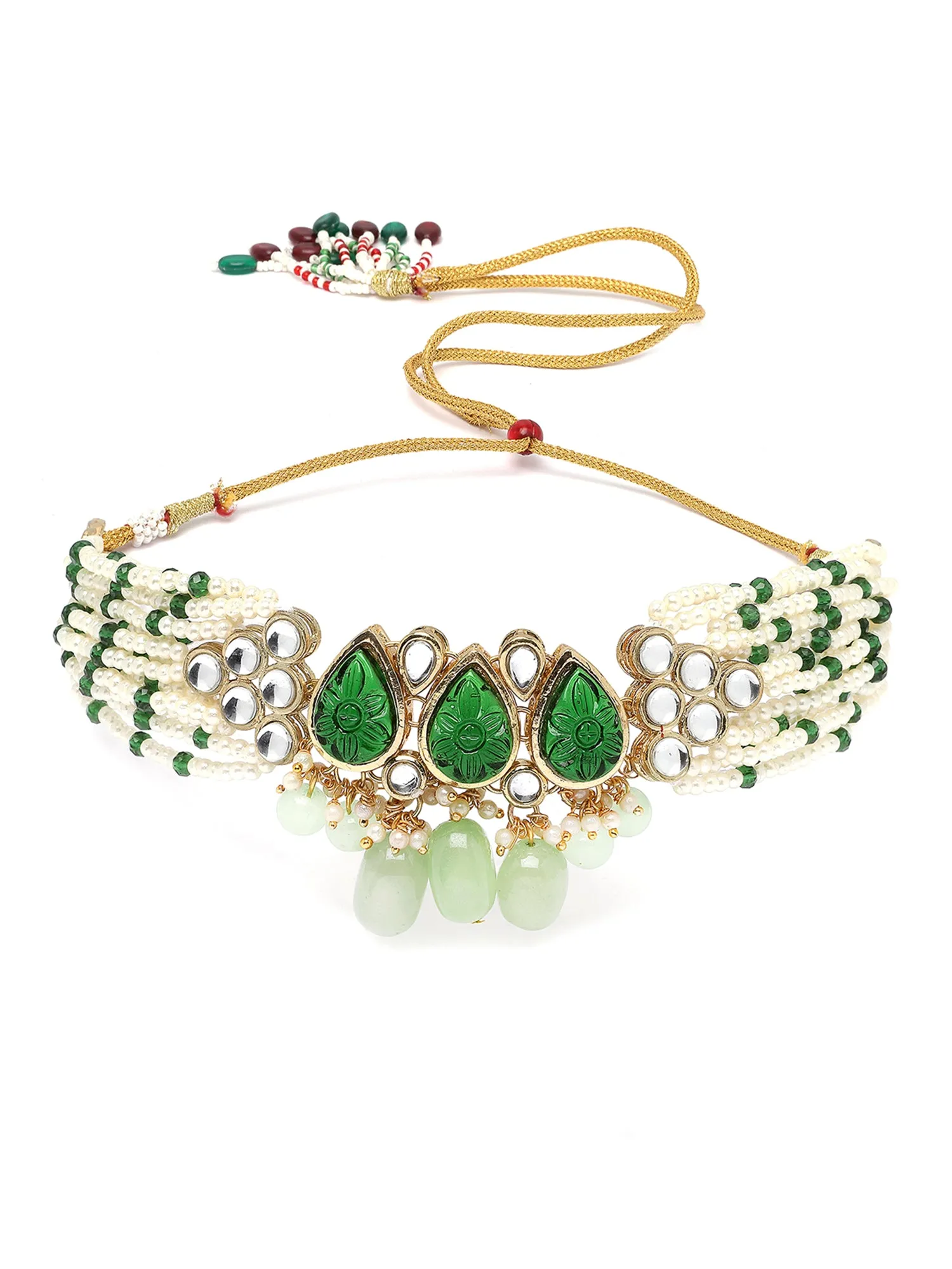 Karatcart Green Carved Stone Studded Pearl Beaded Kundan Choker Necklace Set for Women