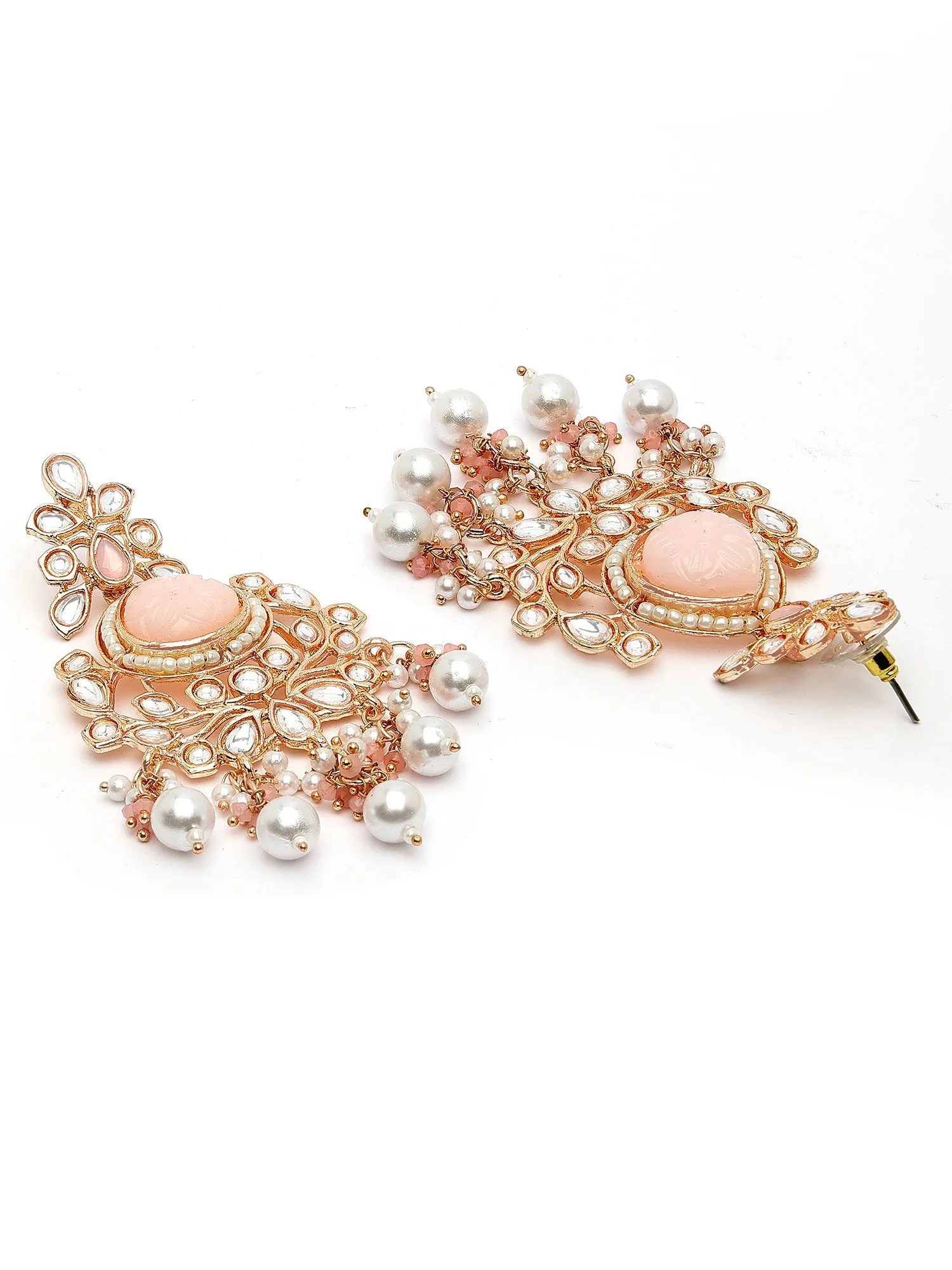 Karatcart Rose Gold Plated Pink Carved Stone Kundan Drop Earrings for Women