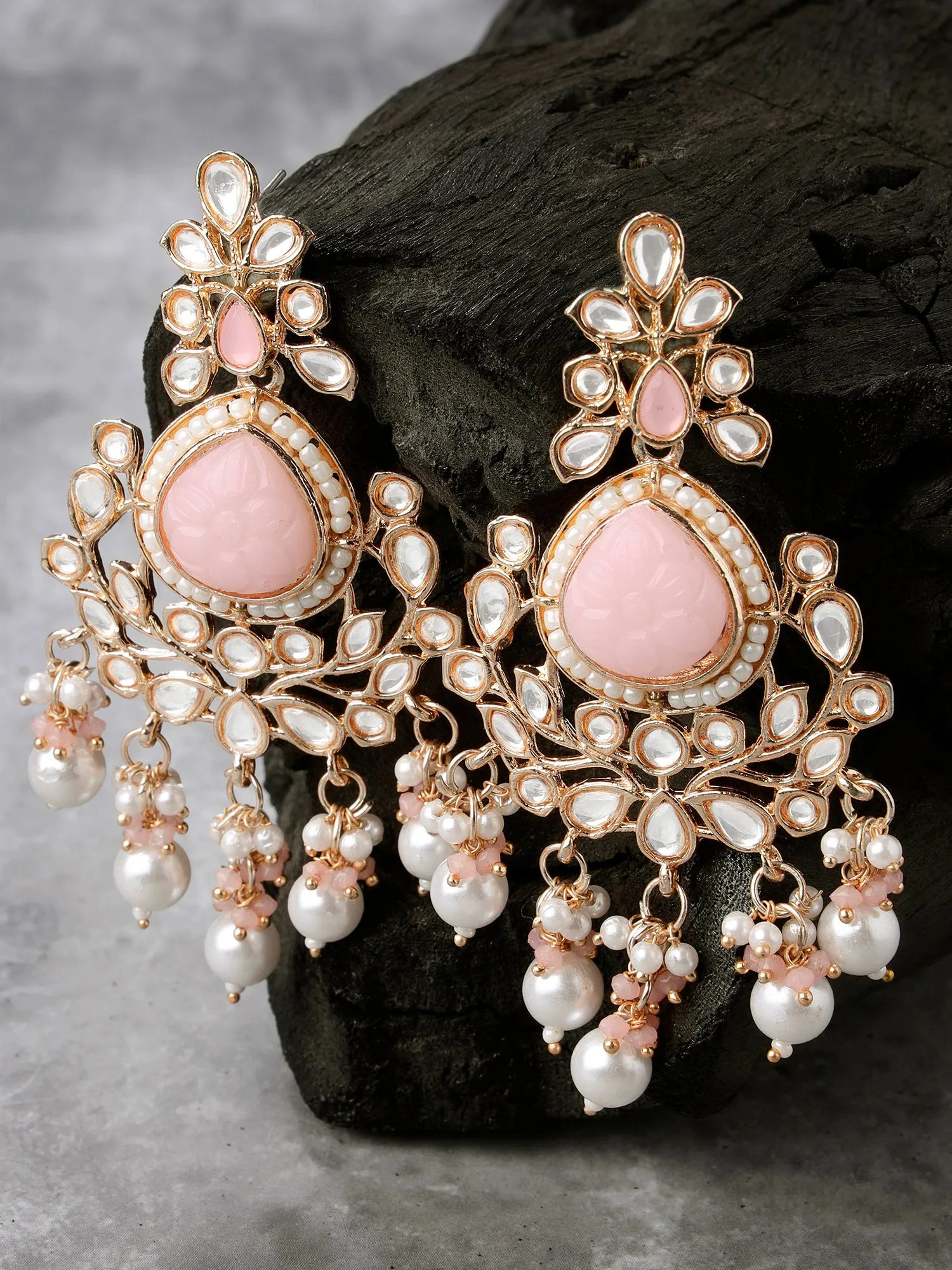 Karatcart Rose Gold Plated Pink Carved Stone Kundan Drop Earrings for Women