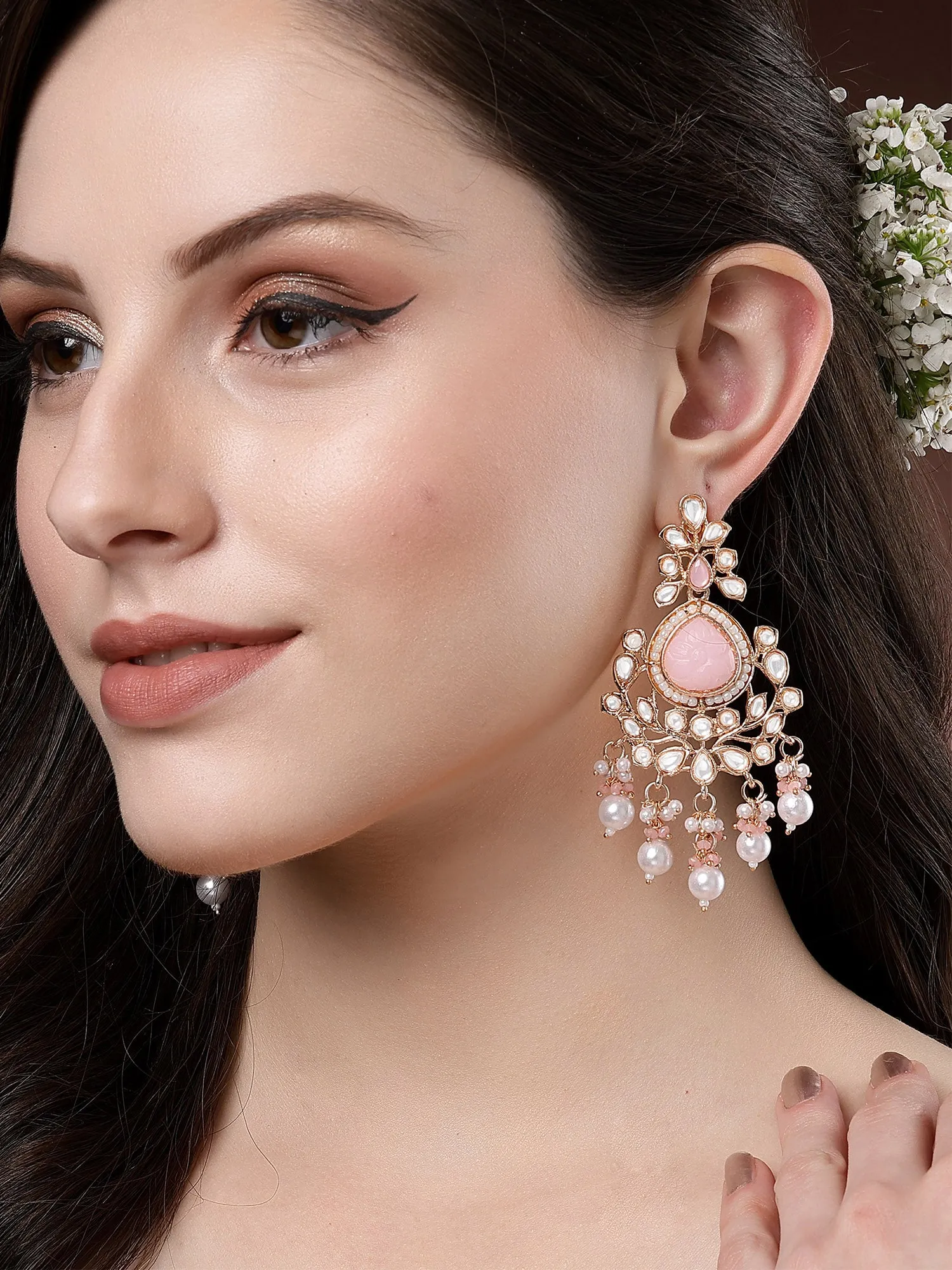 Karatcart Rose Gold Plated Pink Carved Stone Kundan Drop Earrings for Women