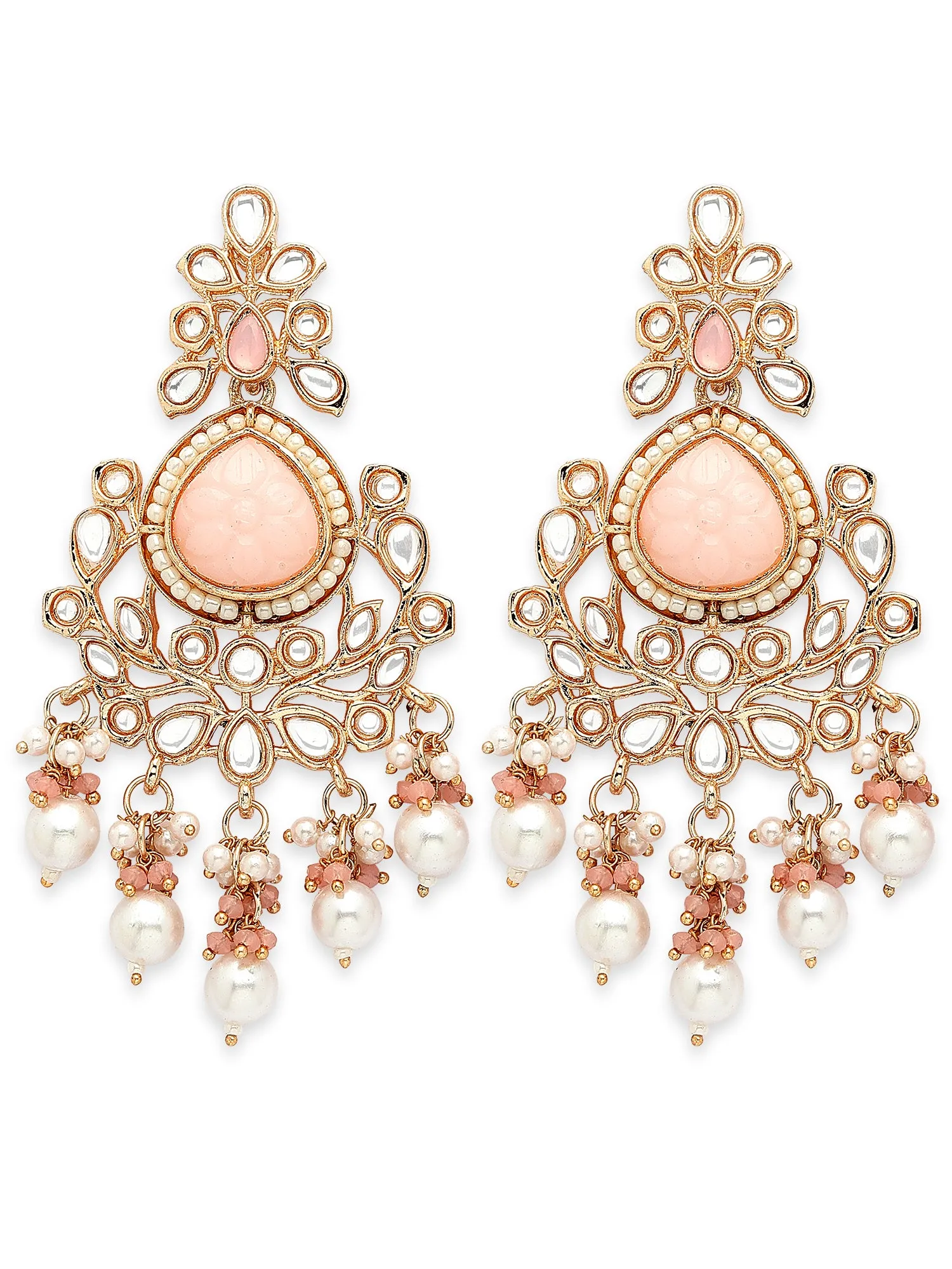 Karatcart Rose Gold Plated Pink Carved Stone Kundan Drop Earrings for Women
