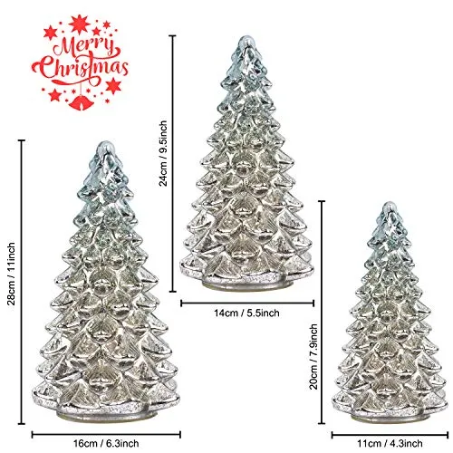 KI Store Lighted Glass Christmas Tree Figurine with Timer Set of 3 Mercury Glass Christmas DecorationBattery Operated for Centerpieces Window Tabletop Mantel