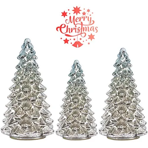 KI Store Lighted Glass Christmas Tree Figurine with Timer Set of 3 Mercury Glass Christmas DecorationBattery Operated for Centerpieces Window Tabletop Mantel