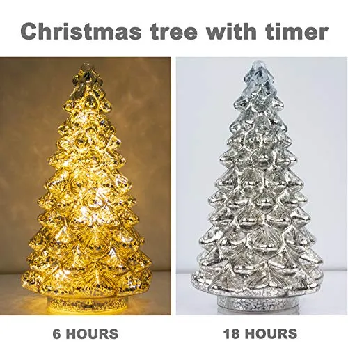 KI Store Lighted Glass Christmas Tree Figurine with Timer Set of 3 Mercury Glass Christmas DecorationBattery Operated for Centerpieces Window Tabletop Mantel