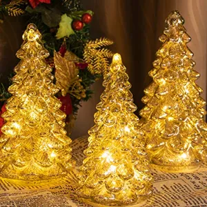 KI Store Lighted Glass Christmas Tree Figurine with Timer Set of 3 Mercury Glass Christmas DecorationBattery Operated for Centerpieces Window Tabletop Mantel