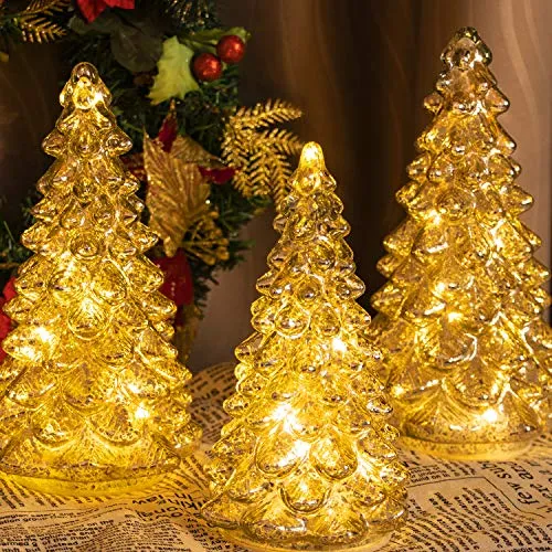 KI Store Lighted Glass Christmas Tree Figurine with Timer Set of 3 Mercury Glass Christmas DecorationBattery Operated for Centerpieces Window Tabletop Mantel