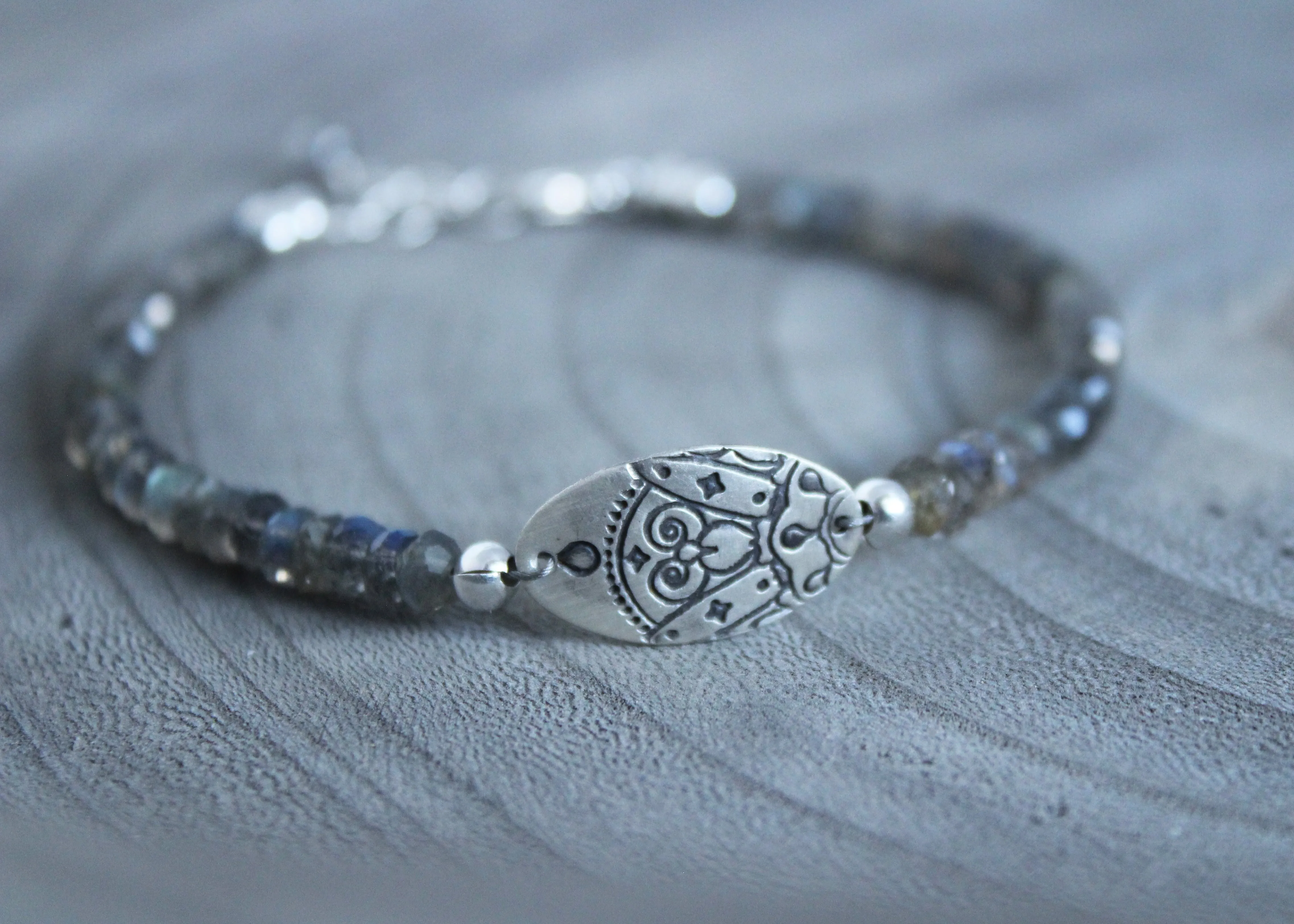 Labradorite Silver Mandala Bracelet