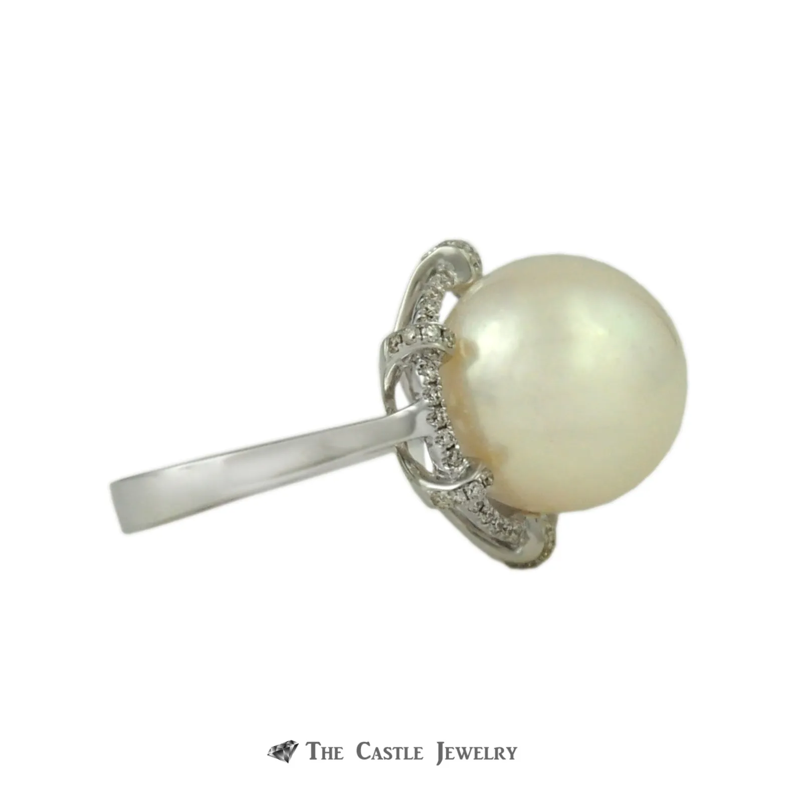 Large 14mm Pearl Ring with Unique .37cttw Round Brilliant Cut Diamond Bezel