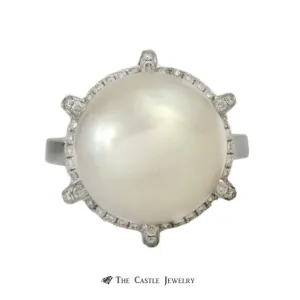 Large 14mm Pearl Ring with Unique .37cttw Round Brilliant Cut Diamond Bezel