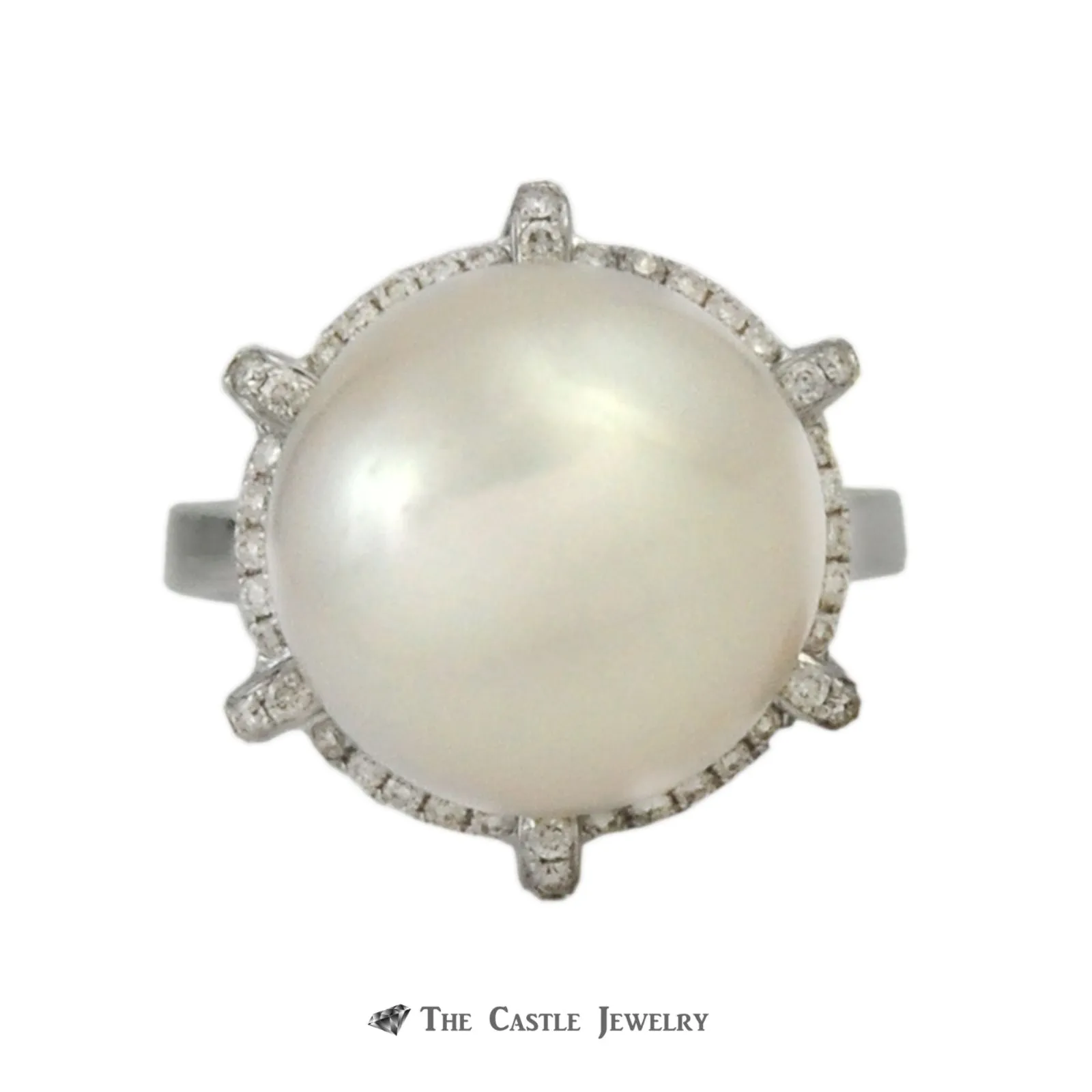 Large 14mm Pearl Ring with Unique .37cttw Round Brilliant Cut Diamond Bezel