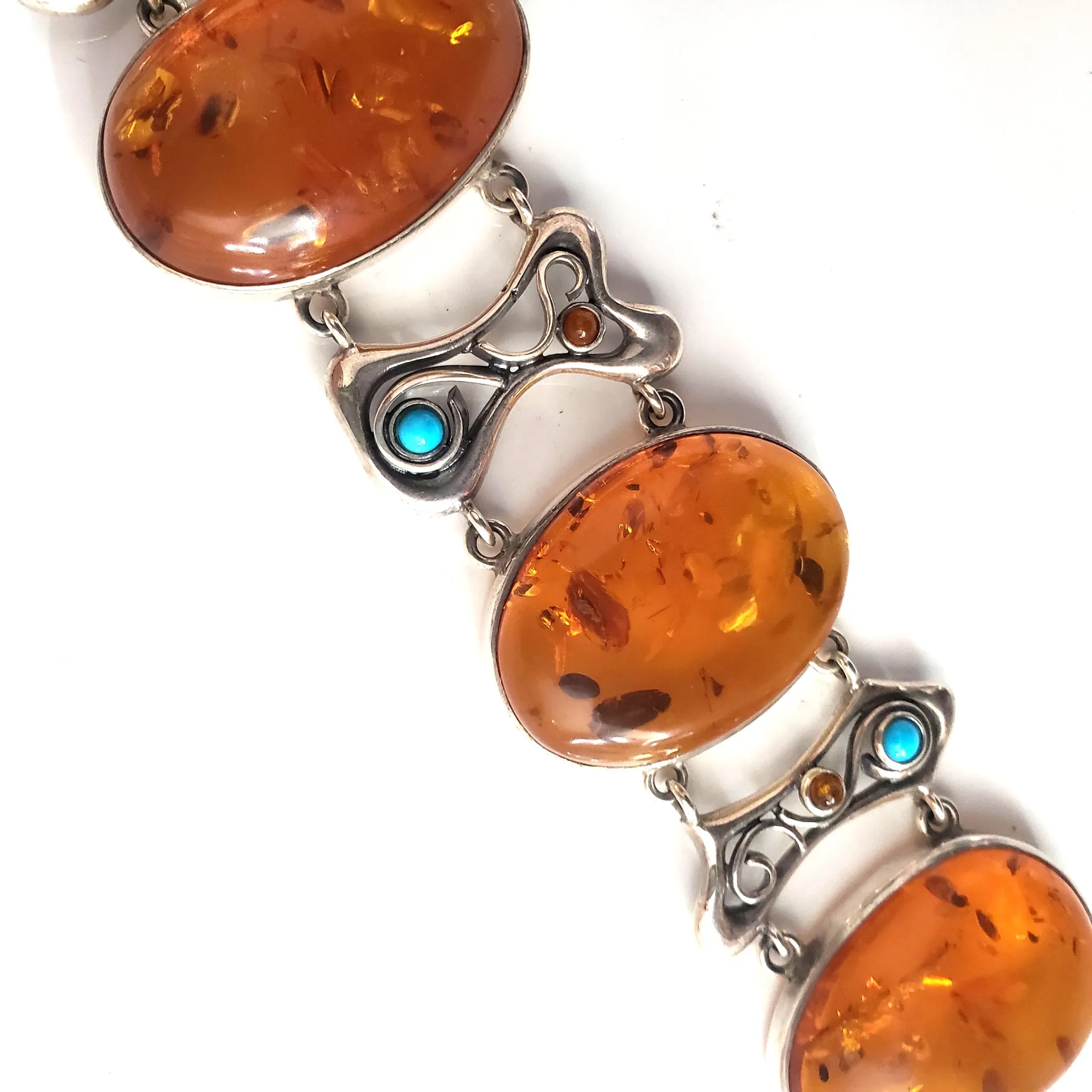 Large Oval Honey Amber Silver Bracelet with Turquoise Beads