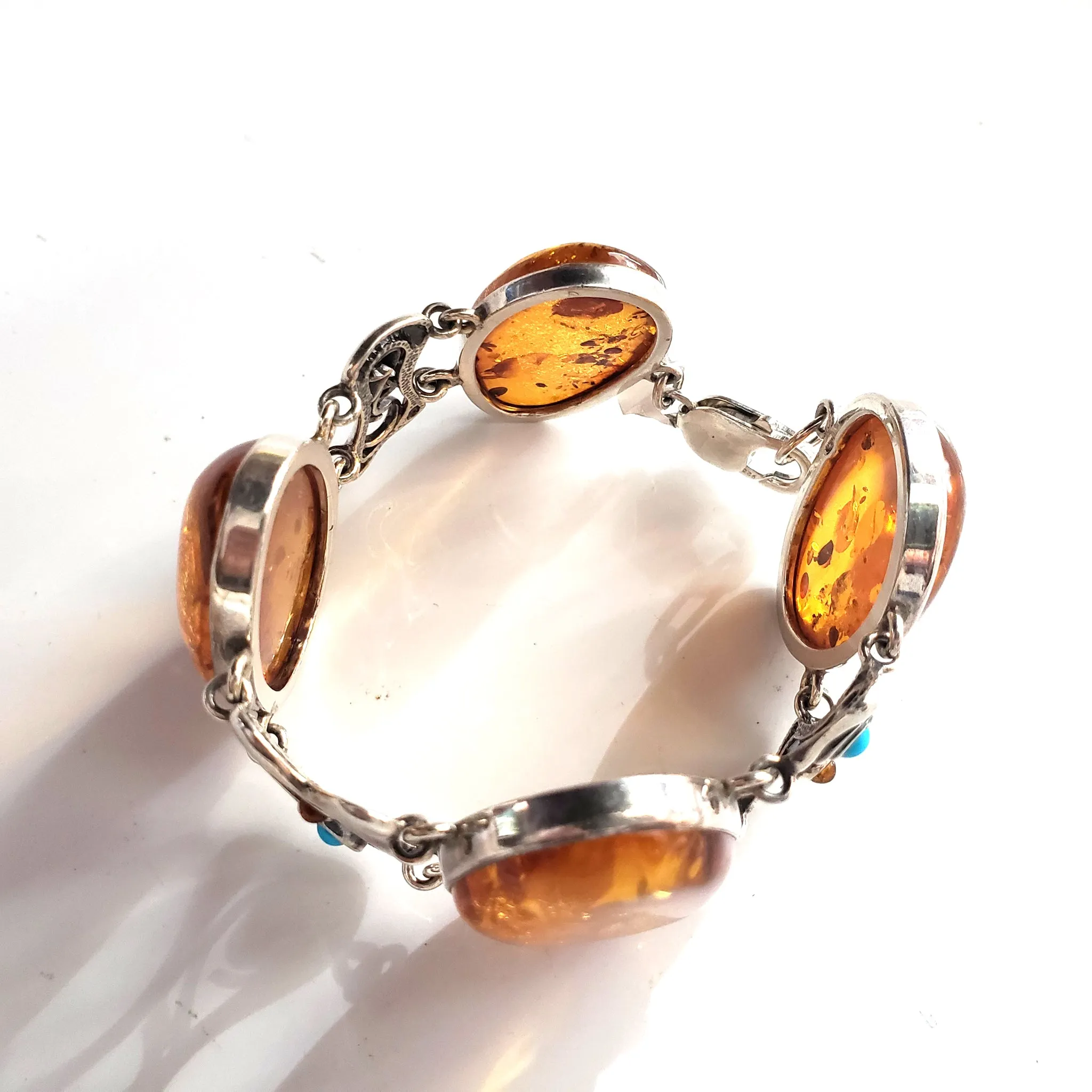 Large Oval Honey Amber Silver Bracelet with Turquoise Beads