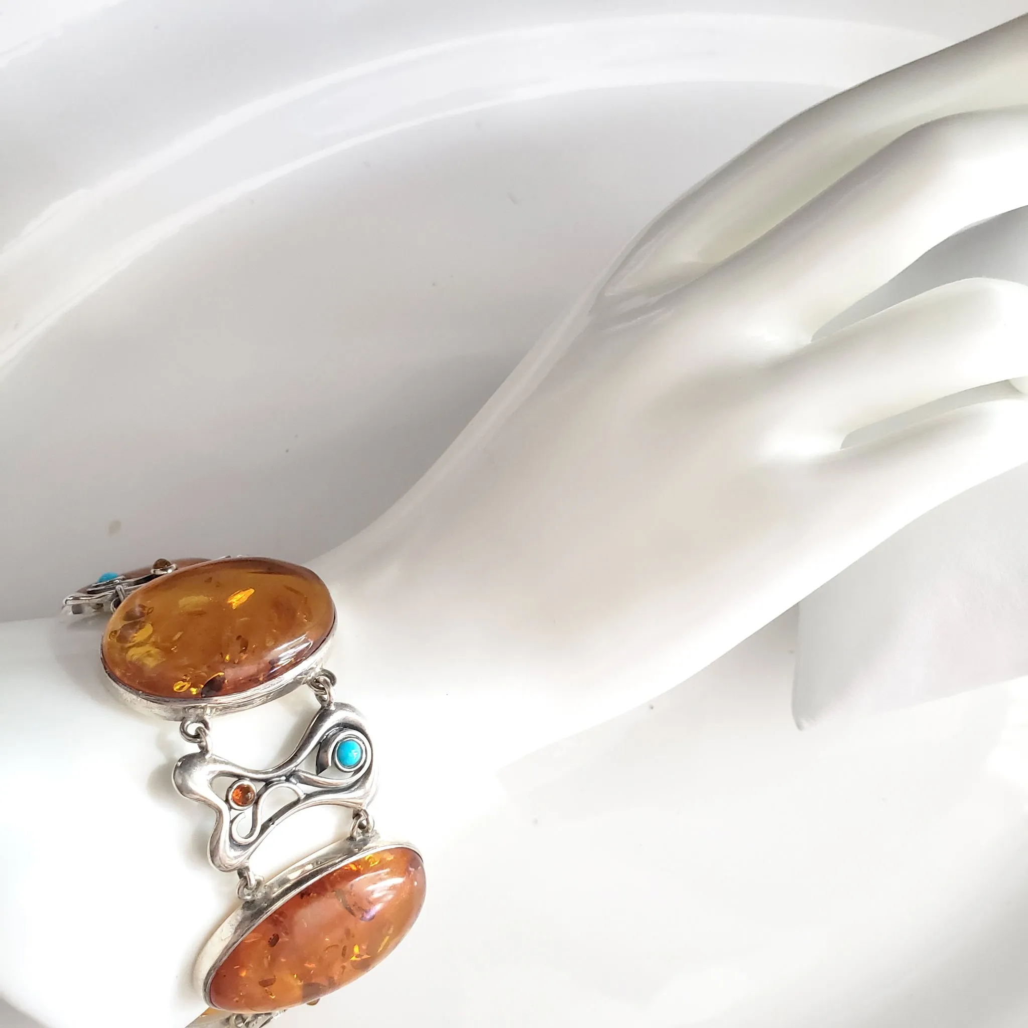 Large Oval Honey Amber Silver Bracelet with Turquoise Beads
