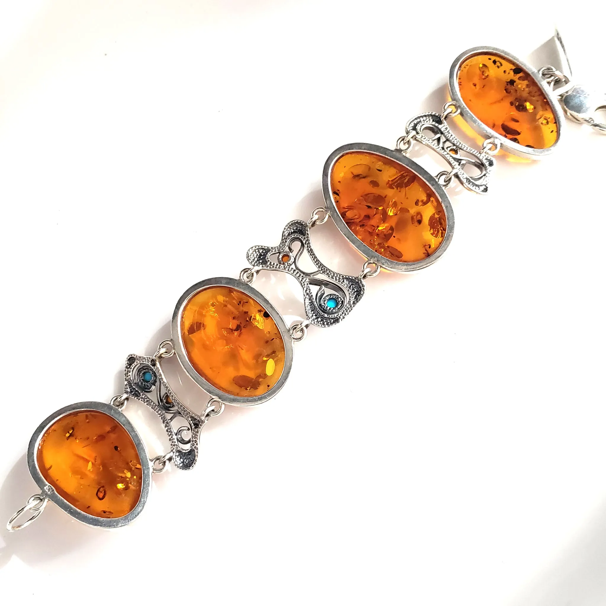 Large Oval Honey Amber Silver Bracelet with Turquoise Beads