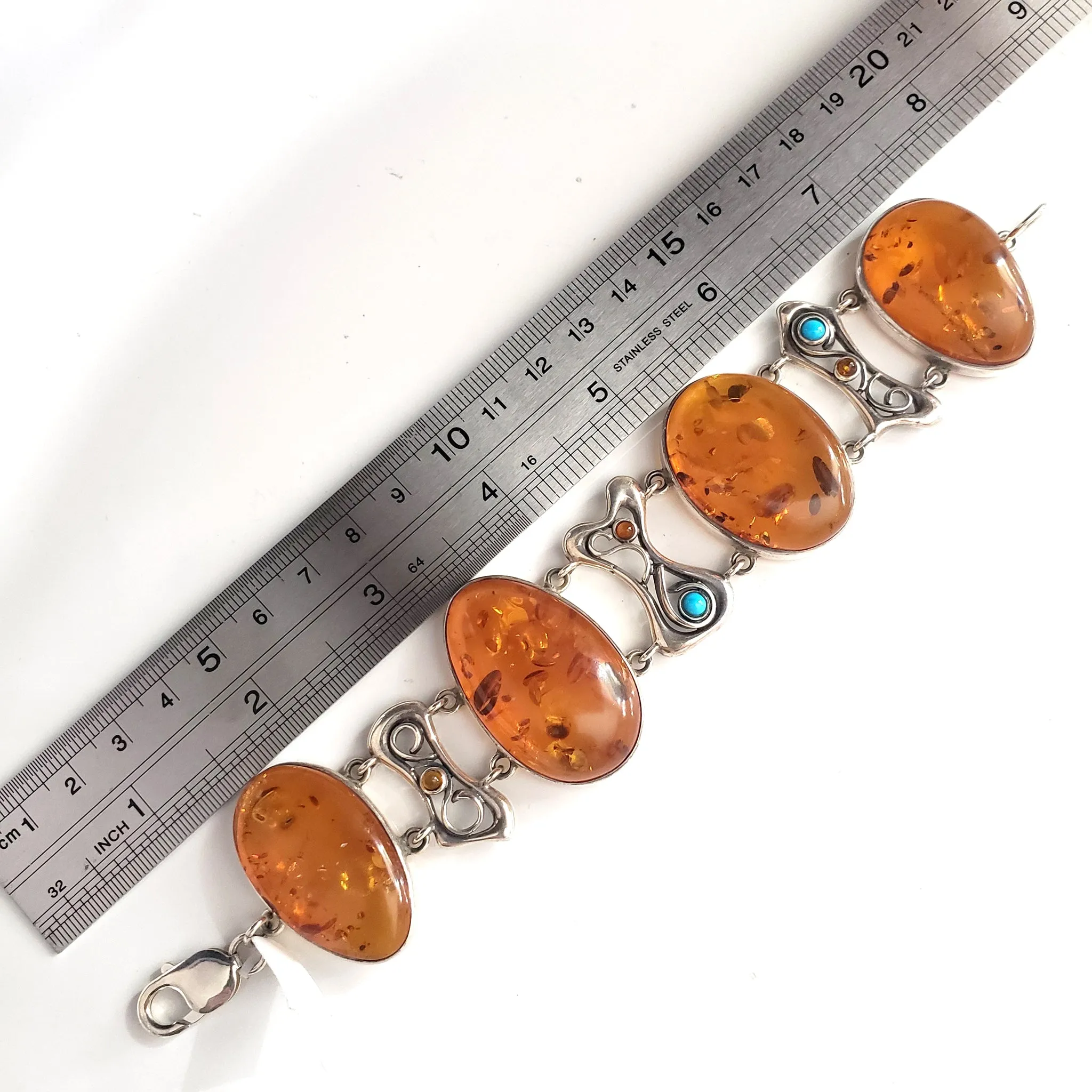 Large Oval Honey Amber Silver Bracelet with Turquoise Beads