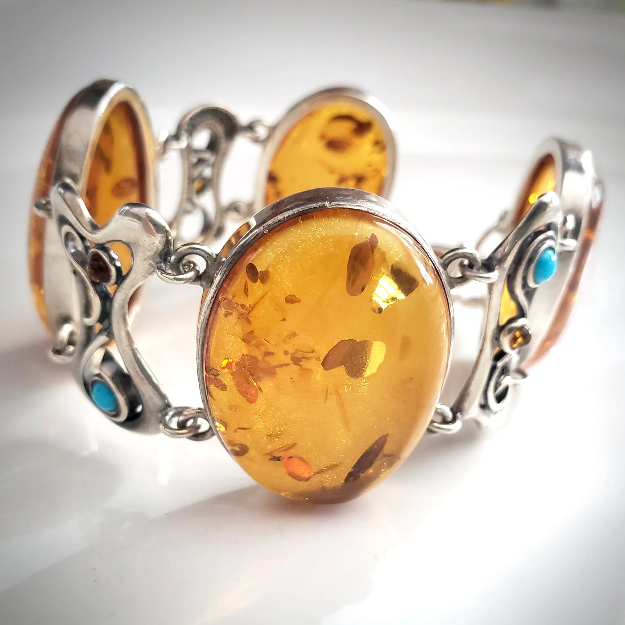 Large Oval Honey Amber Silver Bracelet with Turquoise Beads