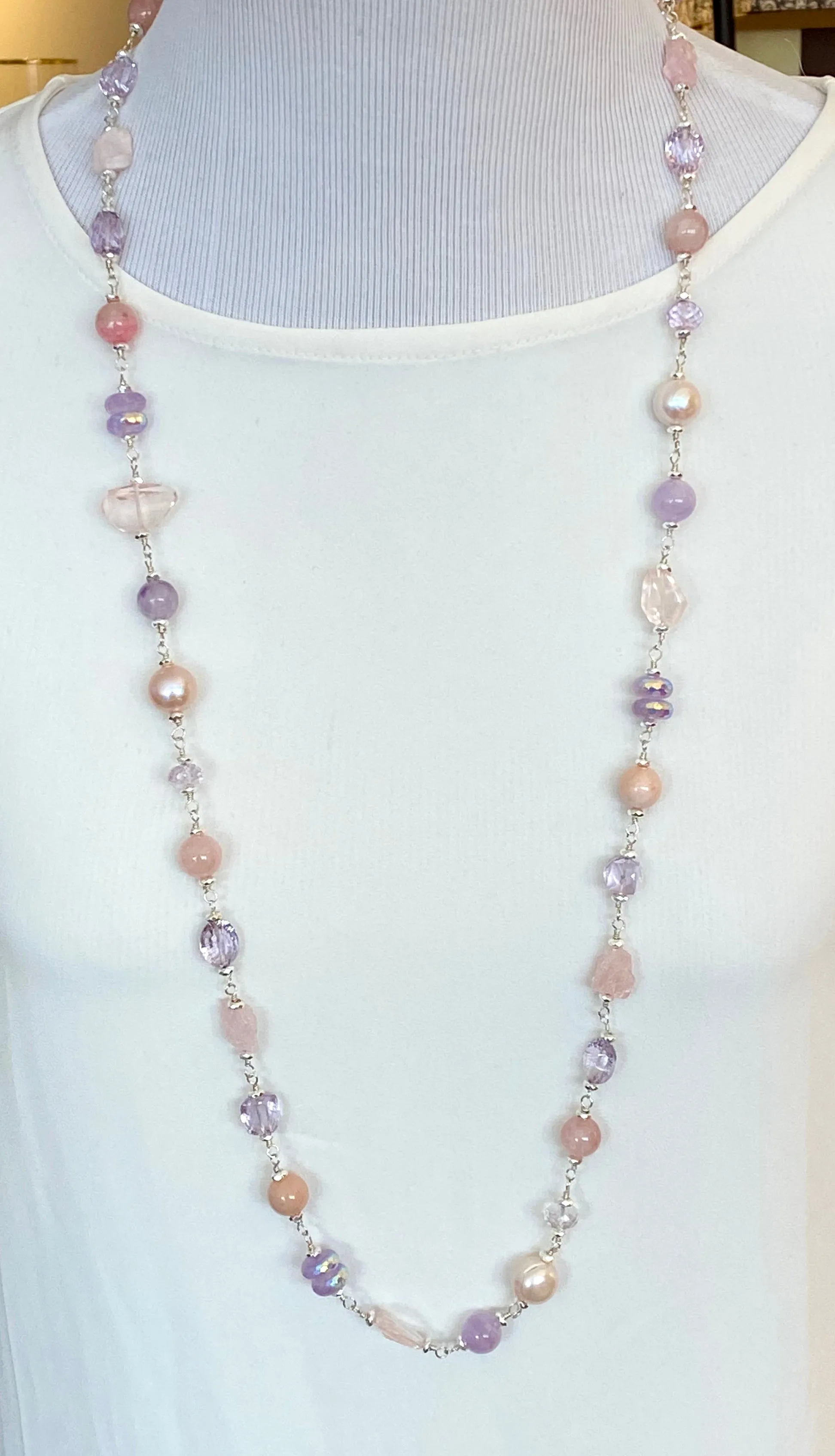 Long Sterling Silver Gemstone Pearl Necklace Lavender Amethyst Rose Quartz