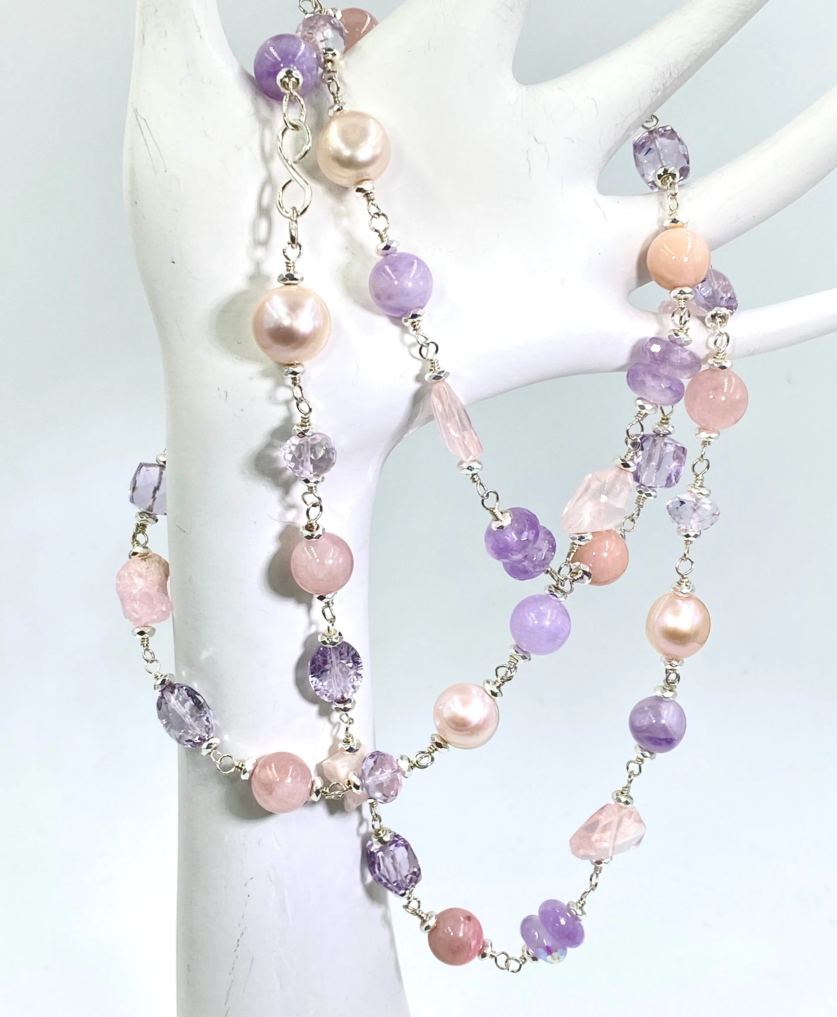 Long Sterling Silver Gemstone Pearl Necklace Lavender Amethyst Rose Quartz