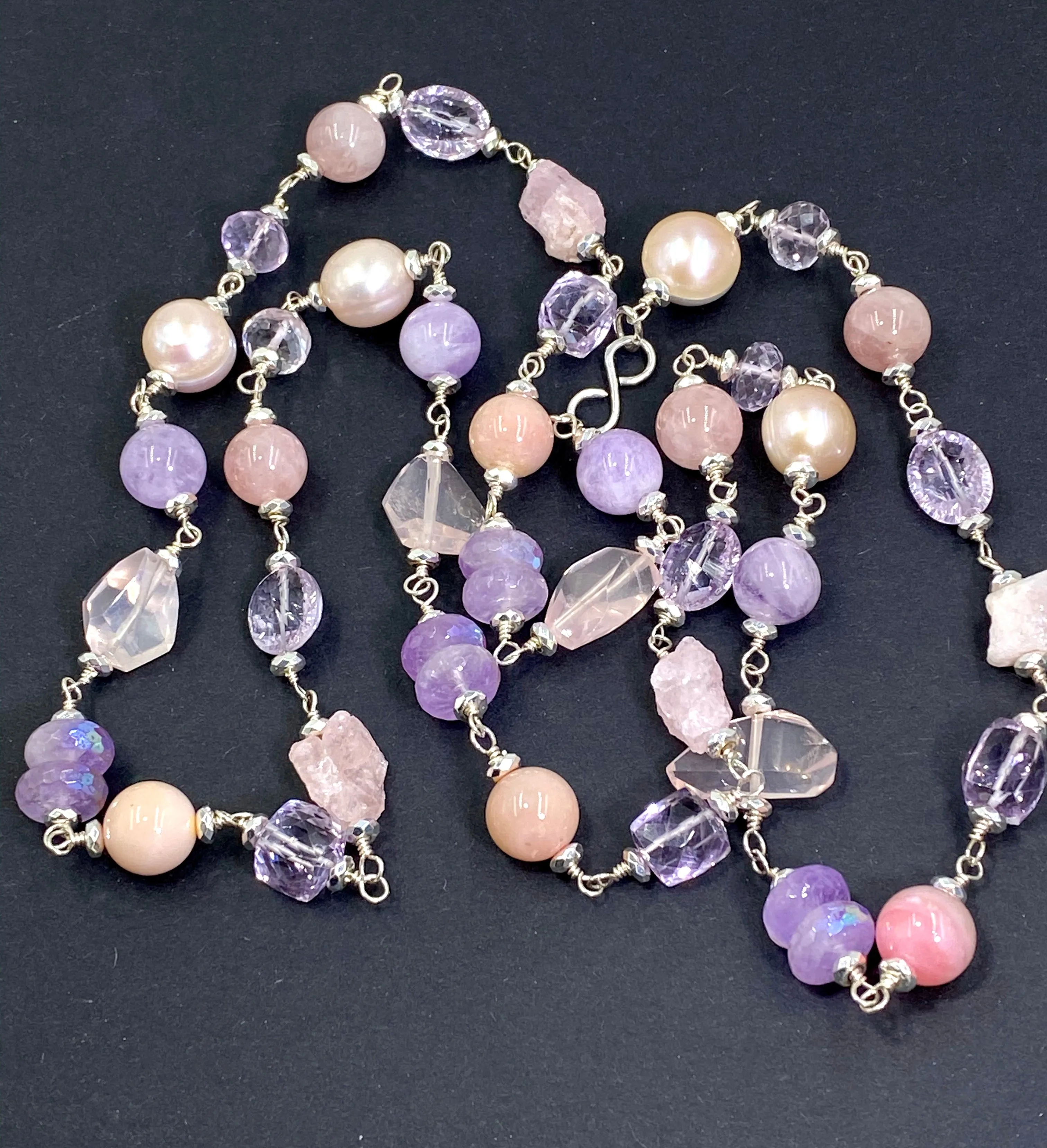 Long Sterling Silver Gemstone Pearl Necklace Lavender Amethyst Rose Quartz