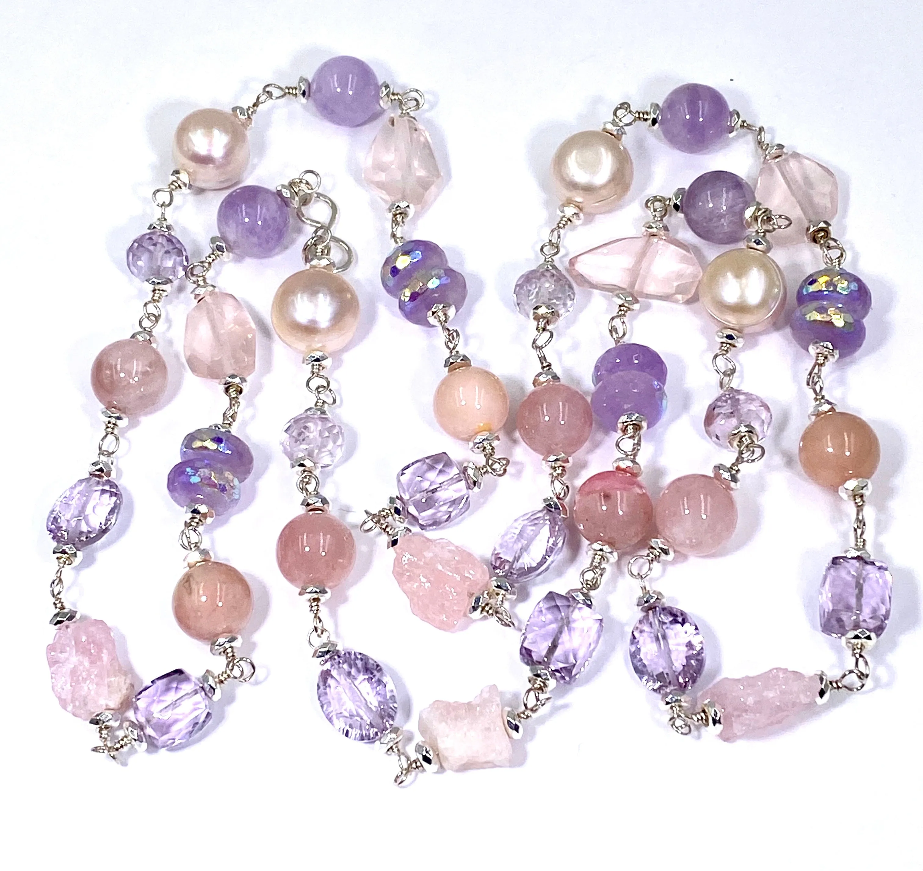 Long Sterling Silver Gemstone Pearl Necklace Lavender Amethyst Rose Quartz