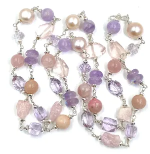 Long Sterling Silver Gemstone Pearl Necklace Lavender Amethyst Rose Quartz